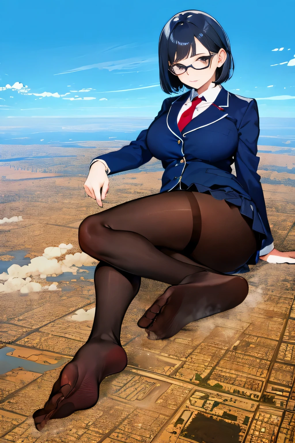 Giantの芸術, 非常に詳細なGiantショット, Giant, short hair, A high school girl who is much bigger than a skyscraper, wearing rimless glasses, big breasts, big ass, navy blazer, red tie, mini skirt, black pantyhose, pantyhose barefoot, Steam comes out from the soles of the feet, very small metropolis, miniature metropolis, crush the big city, full body description, GTS, ギガGiant, stomping city, crash city, small town, micro city, High resolution, highest quality, masterpiece, myself peeing