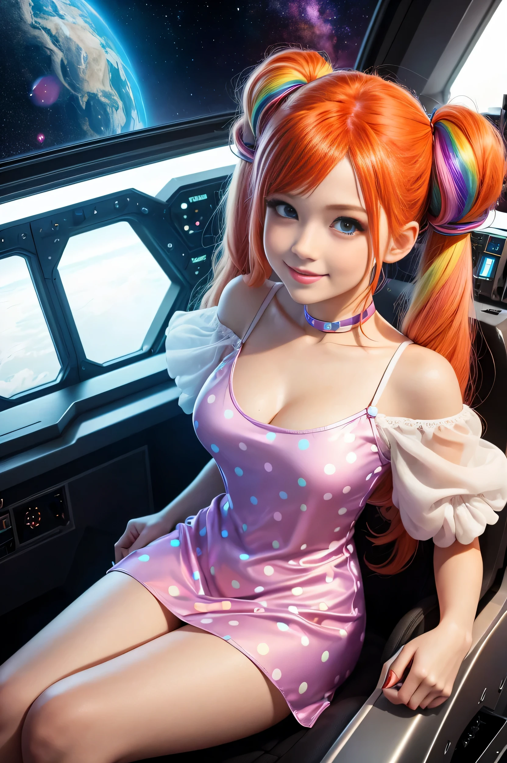 (overhead view) Cute redhead with rainbow colored hair tips, ribbons in her hair, 18-year-old woman, happy, smiling, in twin tails, perfect eyes, clear sparkling blue eyes, pale skin, silky smooth white skin, alabaster skin, flying a fancy metal luxurious space ship, futuristic cockpit, she's a pilot, outer space seen in windows, dark warm lighting, wearing a futuristic party dress, low cut top, pleated (chemise) mini dress (pastel rainbow colors, and polka dots), puffy sleeves, silk, pantyhose, spread legs.