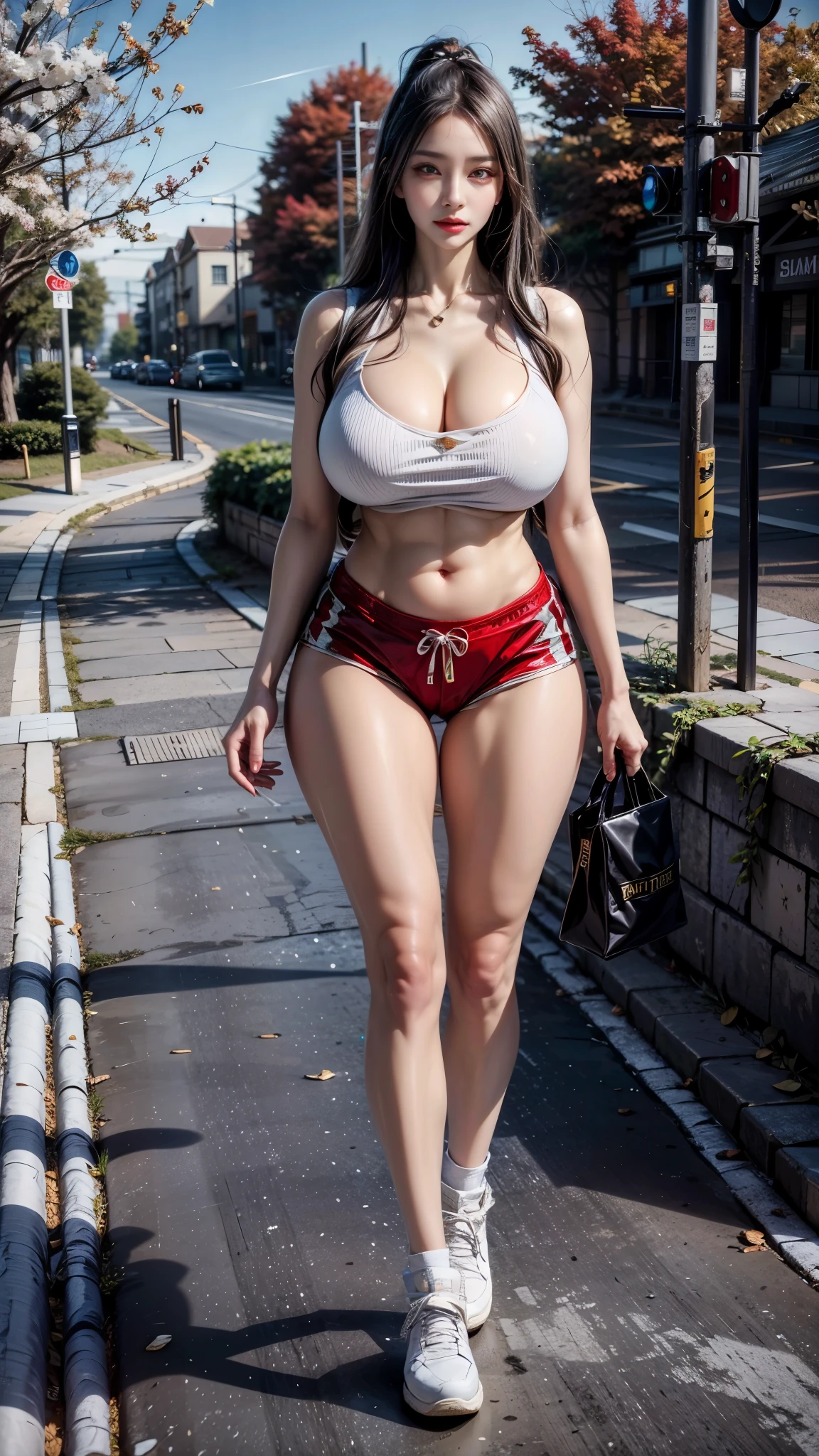 realistic, 1 women, best quality, 12k, HD, wear Allstars shoes, 1080p, long hair, big round breasts, cleavage, ponytail, necklace, jewelry, shorts, short jacket, slim hips, hair tie, yellow eyes, black hair, super detailed, Eye details, hair details, person details, mouth details, face details, breast details, clothes details, hair details, pants details, hand details, whole body