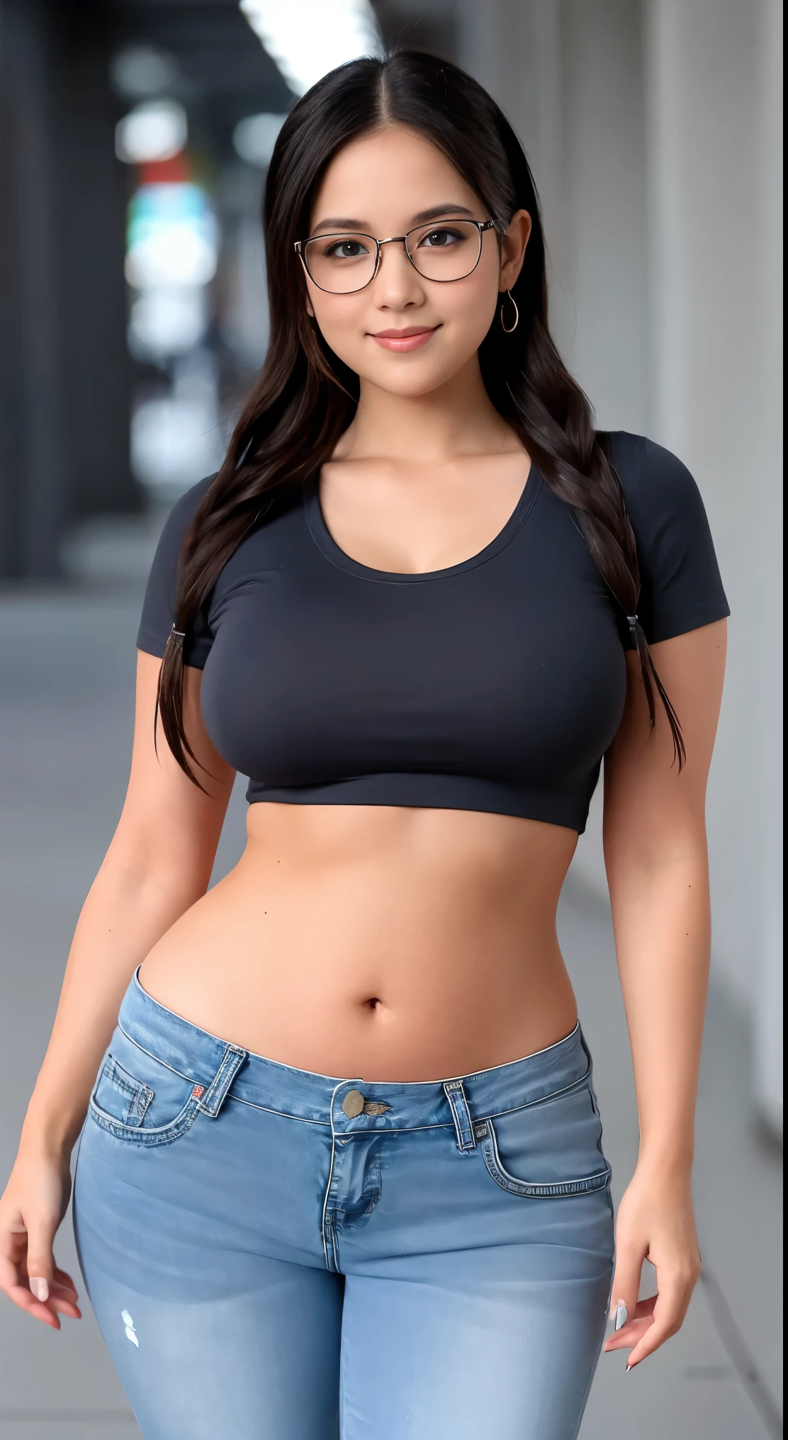 HD wallpaper 32k cinematic shoot of a Beautiful cute nerdy girl, with thick thighs and a curvy slim waist, twin braids, wearing a micro black crop top and denim pants, horny smirk, seductively, in a school corridor, ((nerd glasses)), ((curvy chubby waist)), ((round navel))