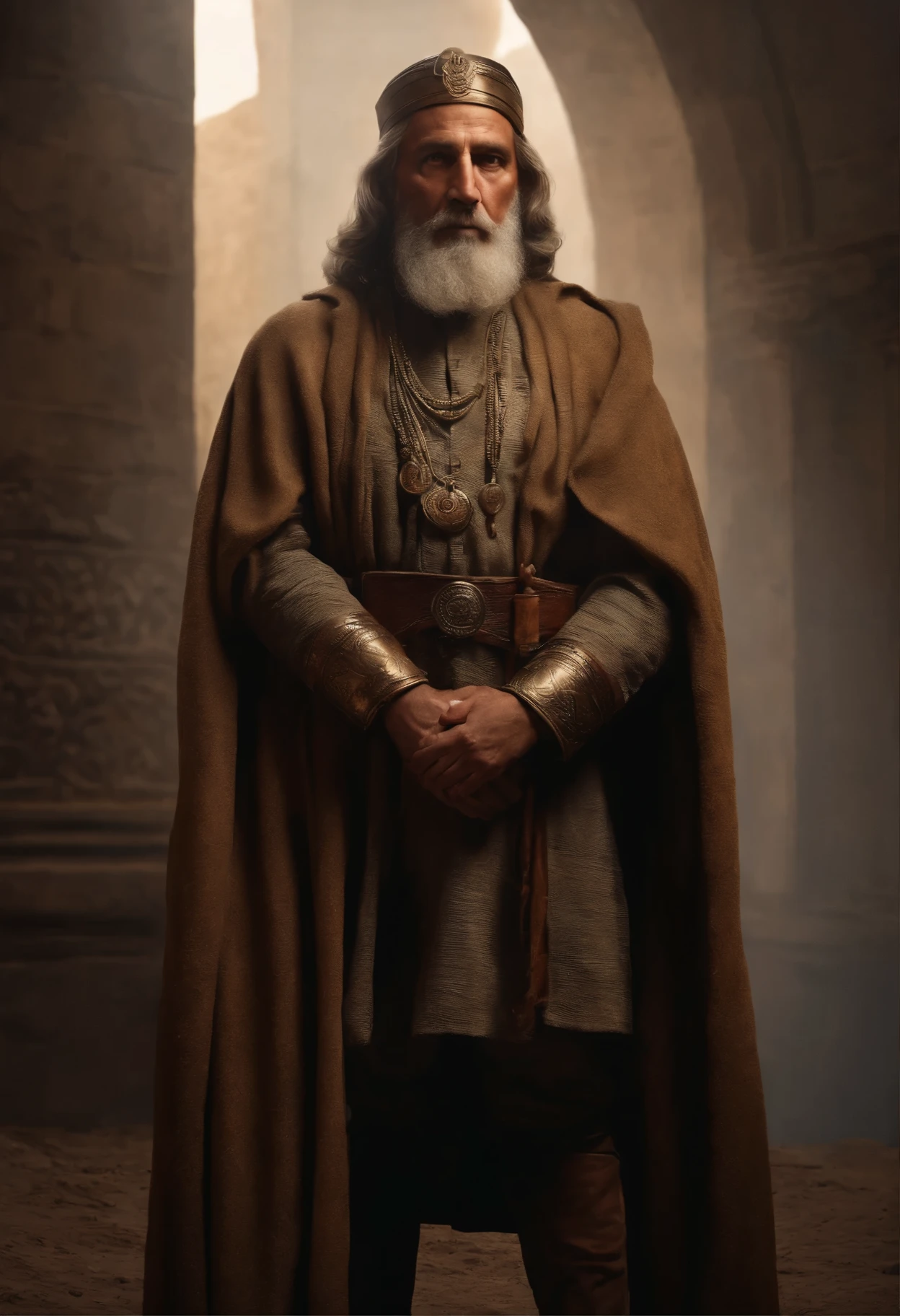 Evoking an image, vivid, from the annals of my mind. Envisage a scene, framed in the time of King David, (masterpiece), realistic, Amasa, Jewish man, commander of the Israeli army, young man, wearing military armor typical of the Jews of Israel 1000 BC, sun lighting, light cinematic, 8k resolution, human hands, curiously full, highly detailed, character sheet, concept art, smooth, positioned so that their bodies are symmetrical and balanced directly to the viewer, in the style of a realm of powerful Jewish thoughts and philosophies. There he is, a wise old man, gathered under a cloak that harks back to ages past, its folds meticulously arranged to evoke echoes of historical authenticity. This sage's eyes, twin sockets of depth, remain enmeshed in the earth. The image, and the very posture of this sage, are intrinsically linked to the tradition and antiquated doctrines of historical philosophy. As the figure rests in the pale light, the shadows it casts converge in an ominous union, conspiring to form an atmosphere filled with enigma, enveloping the scene in a mantle of deep introspection, 8k resolution image, 3d.