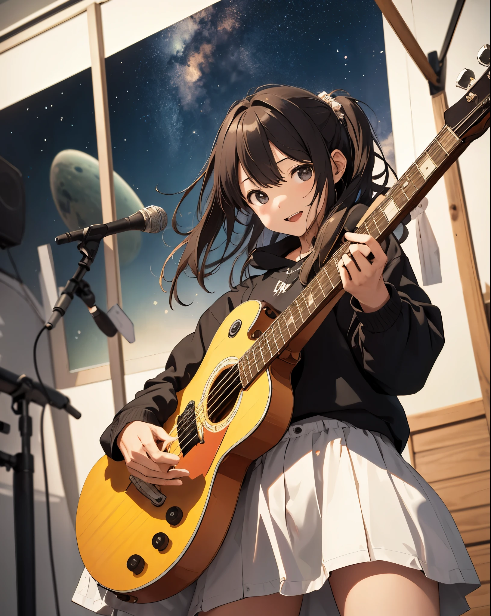 outrageous solution、High resolution、(masterpiece:1.4)、Super detailed、space、floating、 Girl Strumming Guitar、live house、Front view