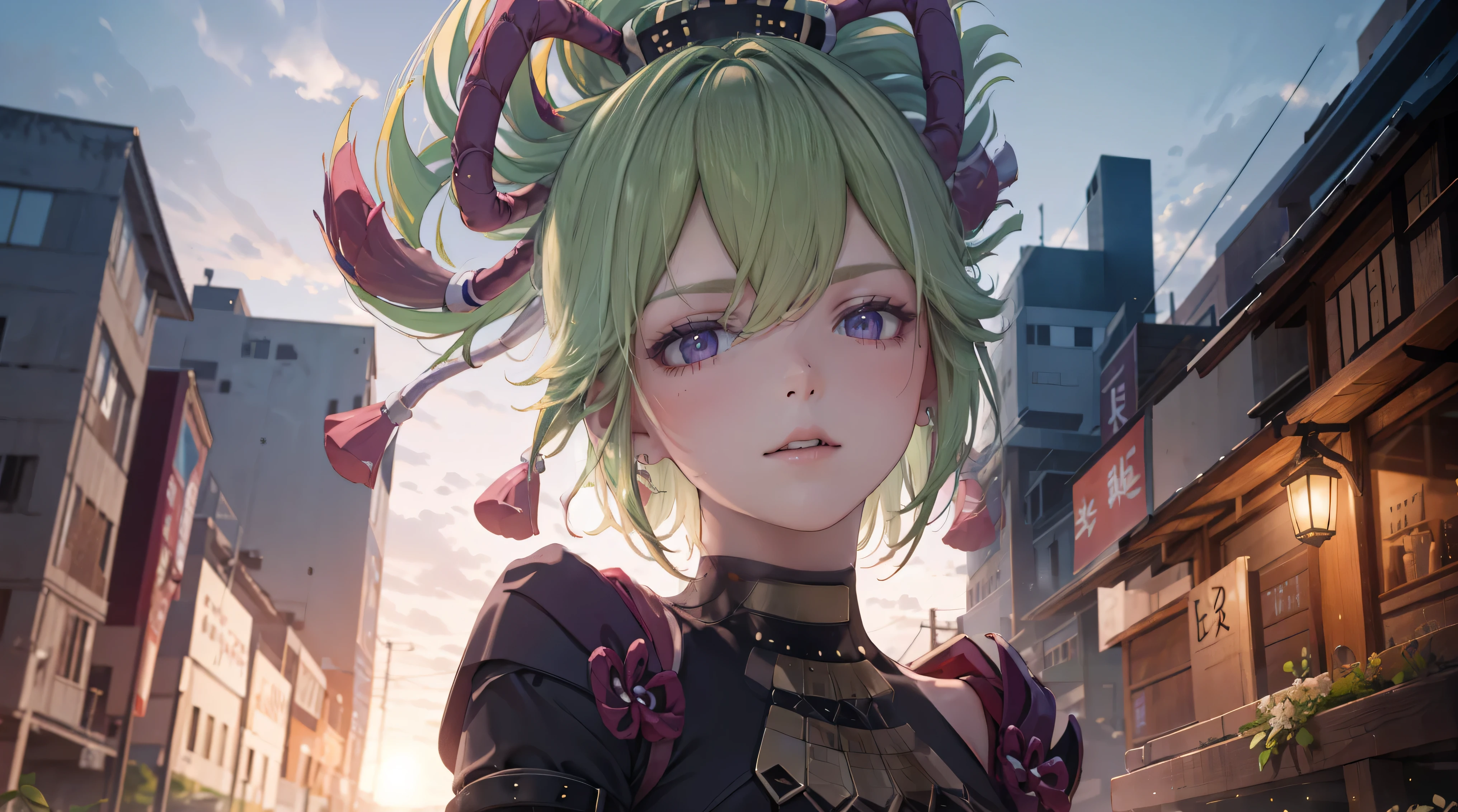 (best quality,8k,height,Masterpiece:1.2),(realistic,photorealistic,photo-realistic:1.37), Nai Ta Si Purple traditional Japanese bakery,Beautifully detailed eyes,happiness,glowing eyes,smile,บรรยากาศquiet,Traditional Japanese clothing,work(best quality,Full range,advert:1.2),bright and warm,Sweet and sleepy,happinessบริบูรณ์,รอยsmileสดใส,cherry tree,quiet,aroma,dreamlike,bright colors,delicate light,Traditional Japanese tea set,Lively atmosphere, The background is an old Japanese town with cherry trees.,
