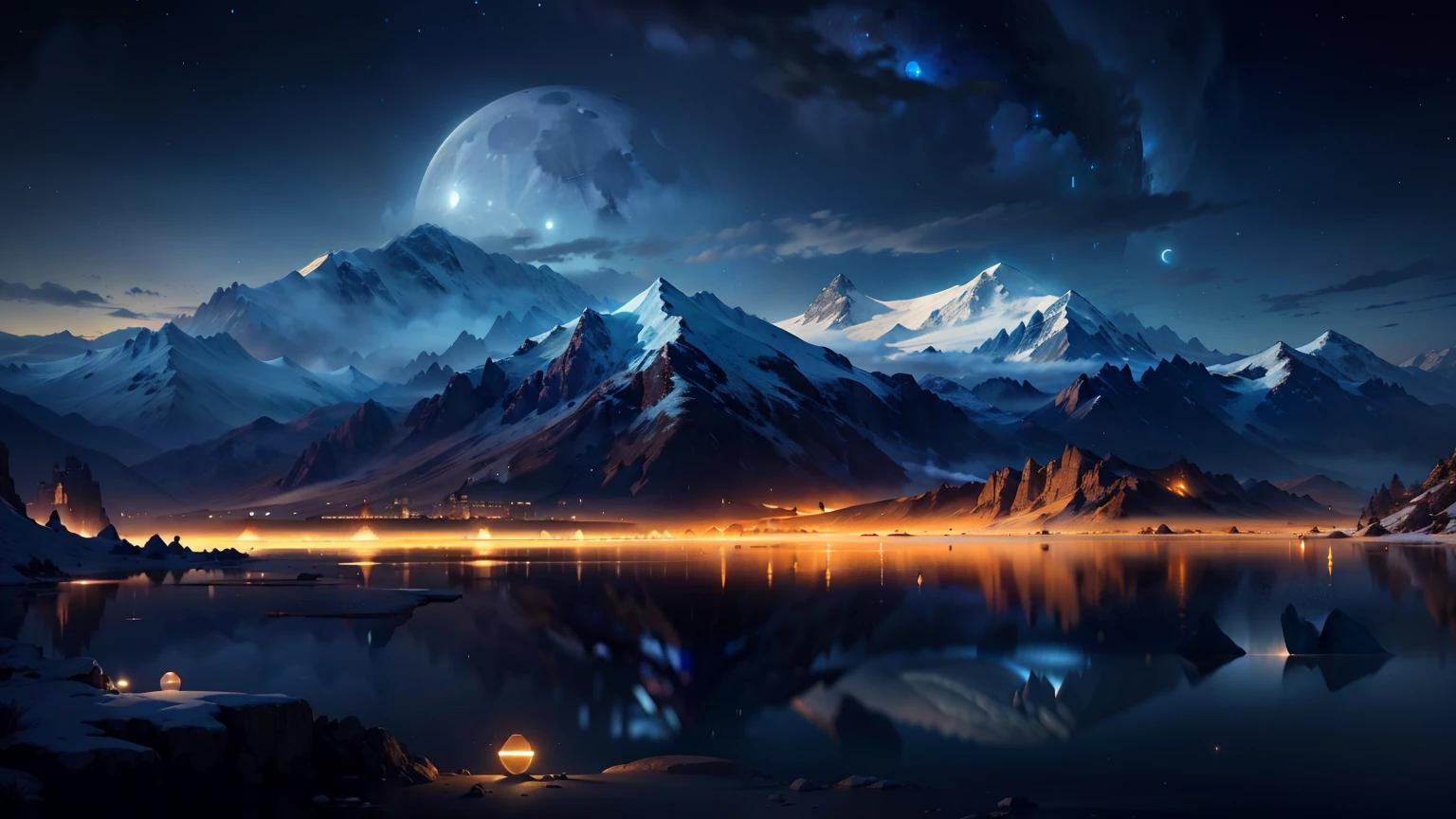 mountains and a lake with a full moon in the sky, 4k highly detailed digital art, sci-fi fantasy wallpaper, sci-fi fantasy desktop wallpaper, jessica rossier fantasy art, 4 k hd wallpaper very detailed, beautiful art uhd 4 k, concept art wallpaper 4k, 4k detailed digital art, 4k fantasy art, 8k stunning artwork
