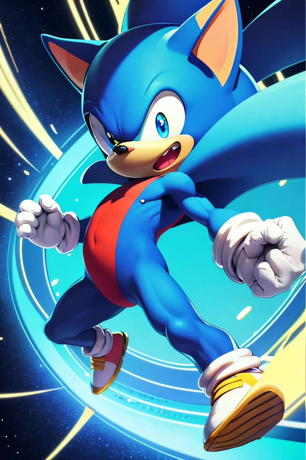 Sonic the Hedgehog, iconic character, T pose stance, vibrant blue fur texture, sparkling golden rings in hand, piercing blue eyes, vivid red shoes with white soles, high-definition rendering, dynamic lighting, playful and energetic expression, cartoonish style, digital art, nostalgic 90s vibe, bold and striking color palette, background of a lush green forest with trees and rolling hills.