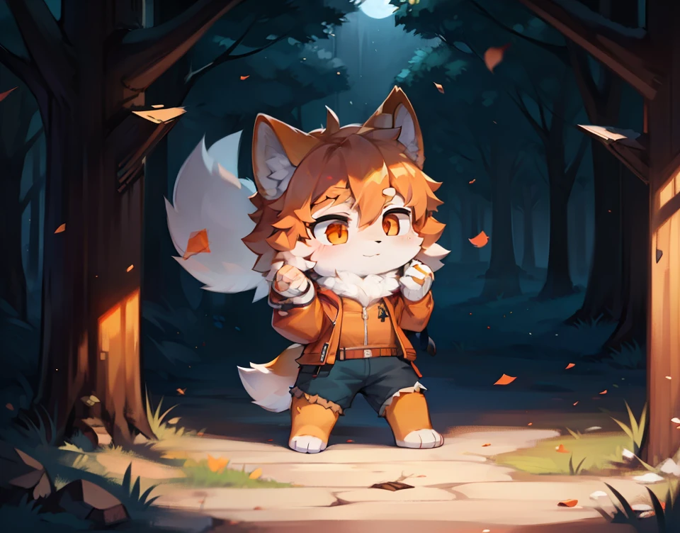 Full body female love,teen wolf,number,masterpiece,Orange down jacket,hairy tail,Highest image quality,8k,Full HD backgrounds,cartoon style,charming,Komono、Pants,male,stuffed toys,hairy,white fur,white body,white ears,orange eyes,the only person, wolf tail, wolf ears, ((broken into pieces)),soft lines,soft lines of clothing,night,risk love,forest