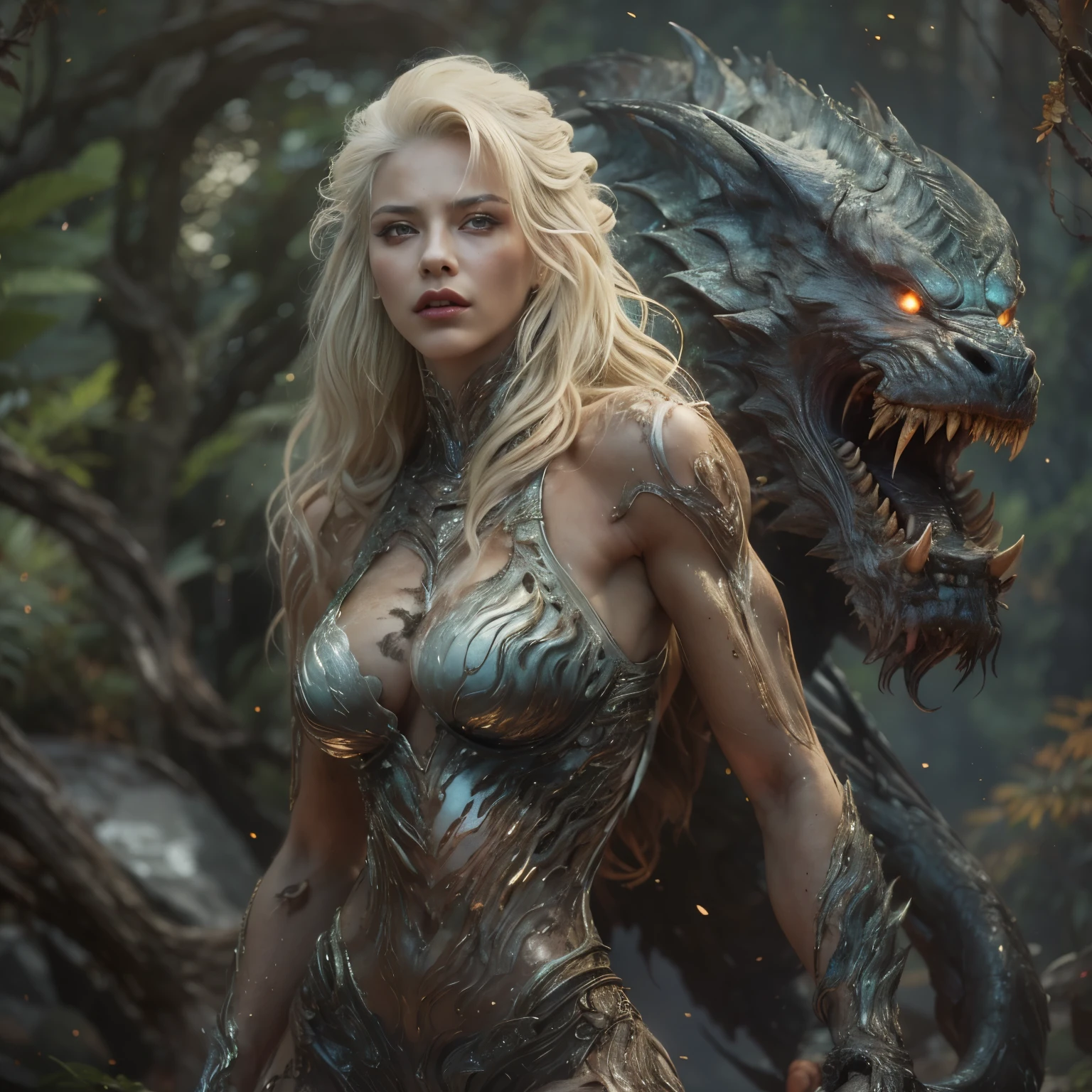 1 female alien, The predator, warrior, (extremely beautiful:1.2), (intense gaze:1.4), (predator:1.1), long dark claws, NSFW, nipples, thick eyebrows, glowing and shining green eyes, the most beautiful face in the universe, platinum blonde,
A woman with an extremely beautiful face, her intense gaze fixed on her prey, a primal force that could not be denied.
(extreamly beautiful lean body:1.5), (ultra muscular build:1.2), (prowling:1.3), (sleek movements:1.4),
Her beautiful body, muscular and toned, moved with sleek grace as she prowled, ready to strike at a moment's notice. The predator within her was always on