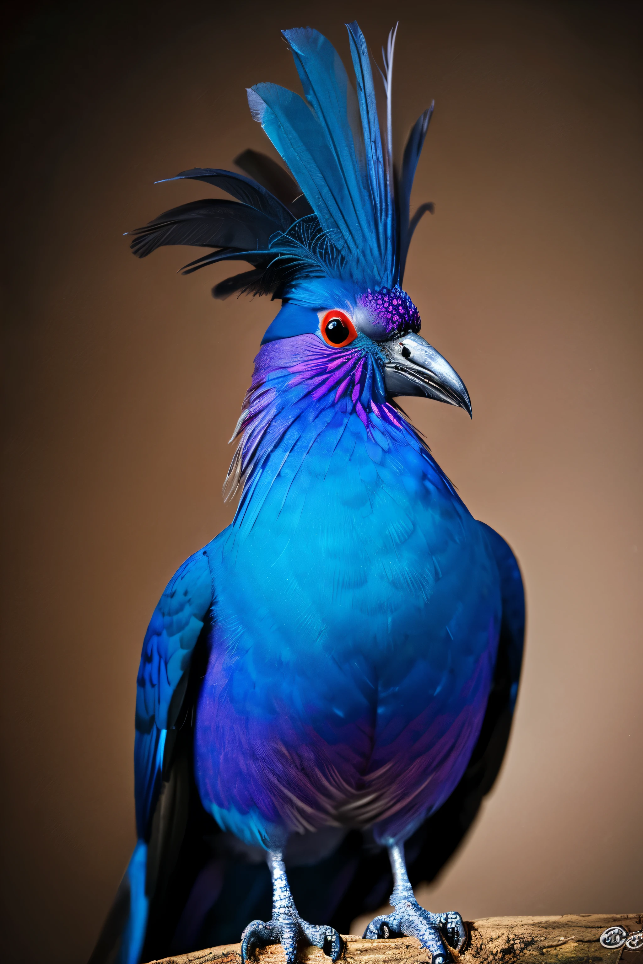 This close-up shot of a Victoria Crested Pigeon、Shows striking blue plumage and red breast. The emblem is made of delicate wood, Lace feathers, Its eyes are a striking red color、. The bird's head is slightly tilted to the side, Gives a majestic and majestic impression. background is blurry, Attract attention to the bird's striking appearance.