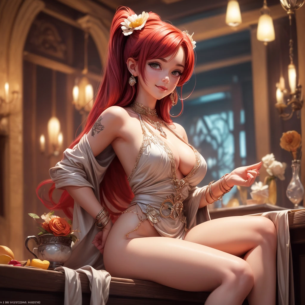 (photo of female citizen:1.3) 1girl, solo, small breasts, looking at viewer, smile, hair ornament, cleavage, dress, bare shoulders, jewelry, collarbone, ((Knees to head portrait))upper body, red hair, flower, teeth, solo focus, hair flower, necklace, blurry, strapless, tattoo, depth of field, , (realistic:1.3) crowd, (in a medieval tavern:1.1), 8k, cinematic, fantasy, nsfw, ((subtle nudity))((subtle sexuality))exposed woman, exposed breast