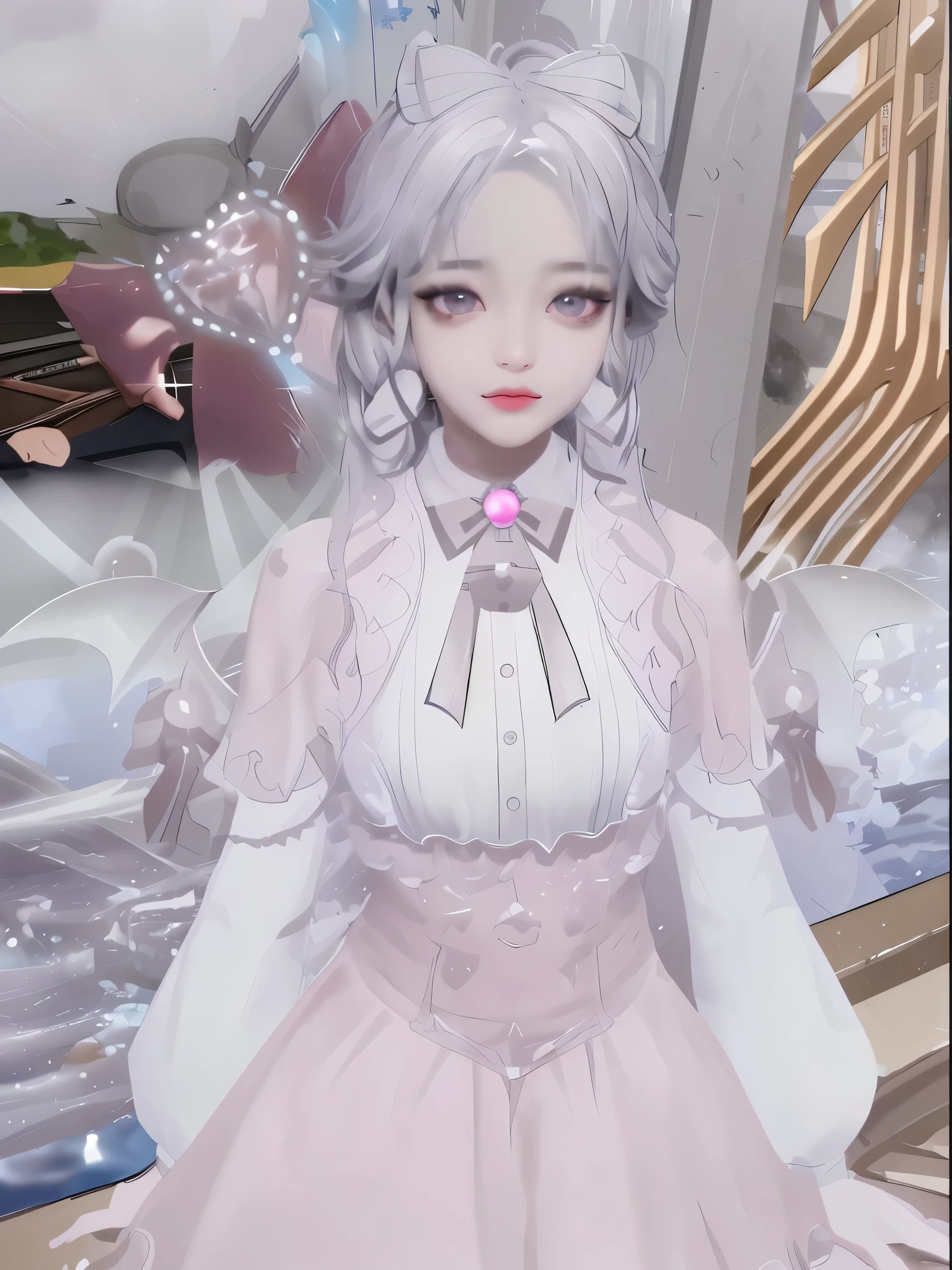There is a girl with bunny ears and dress, fairy core, loli, guvitz, close-up character, pale milky porcelain skin, porcelain white skin, ball joint doll, CG society