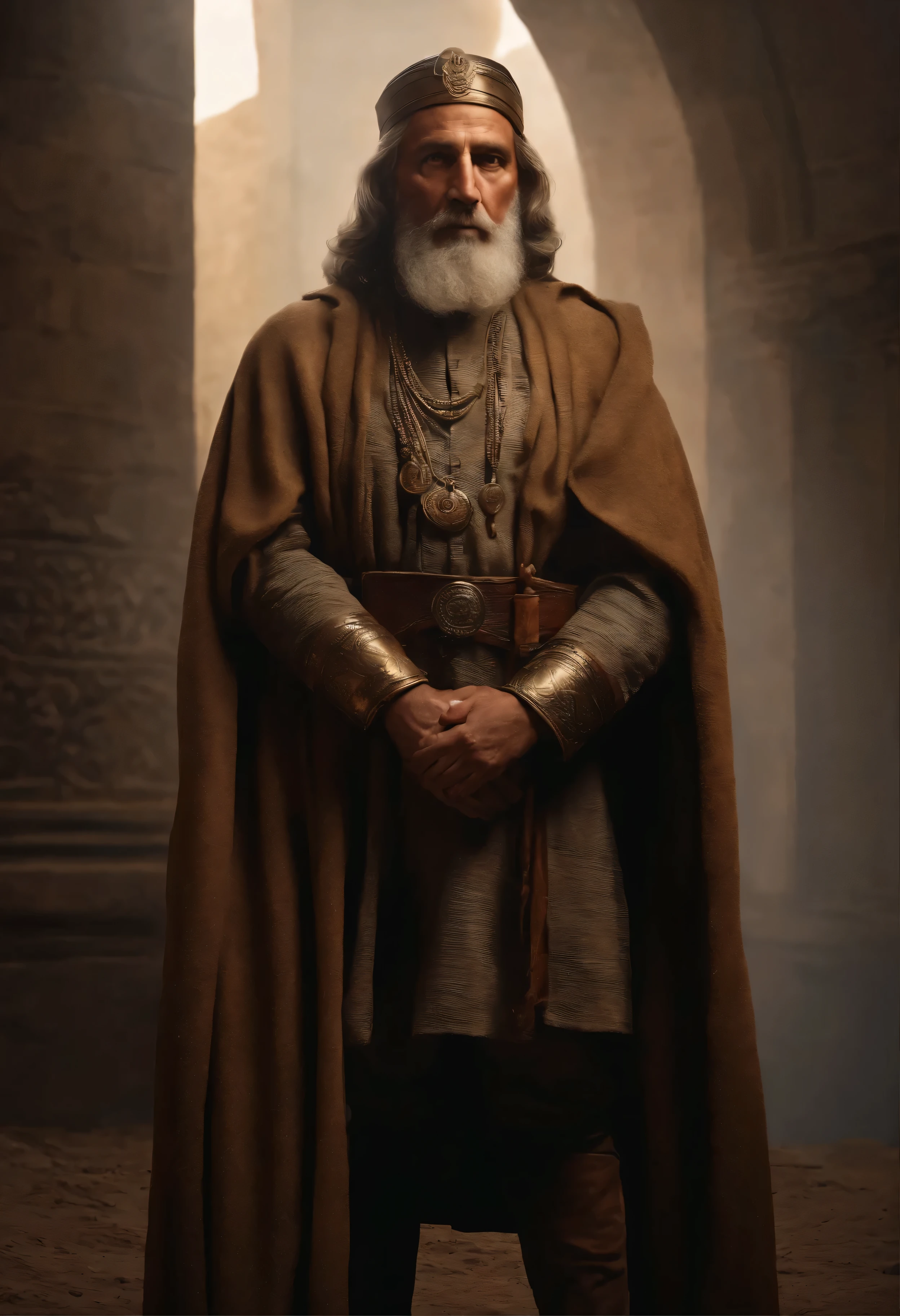 Evoking an image, vivid, from the annals of my mind. Envisage a scene, framed in the time of King David, (masterpiece), realistic, Amasa, Jewish man, commander of the Israeli army, young man, wearing military armor typical of the Jews of Israel 1000 BC, sun lighting, light cinematic, 8k resolution, human hands, curiously full, highly detailed, character sheet, concept art, smooth, positioned so that their bodies are symmetrical and balanced directly to the viewer, in the style of a realm of powerful Jewish thoughts and philosophies. There he is, a wise old man, gathered under a cloak that harks back to ages past, its folds meticulously arranged to evoke echoes of historical authenticity. This sage's eyes, twin sockets of depth, remain enmeshed in the earth. The image, and the very posture of this sage, are intrinsically linked to the tradition and antiquated doctrines of historical philosophy. As the figure rests in the pale light, the shadows it casts converge in an ominous union, conspiring to form an atmosphere filled with enigma, enveloping the scene in a mantle of deep introspection, 8k resolution image, 3d.