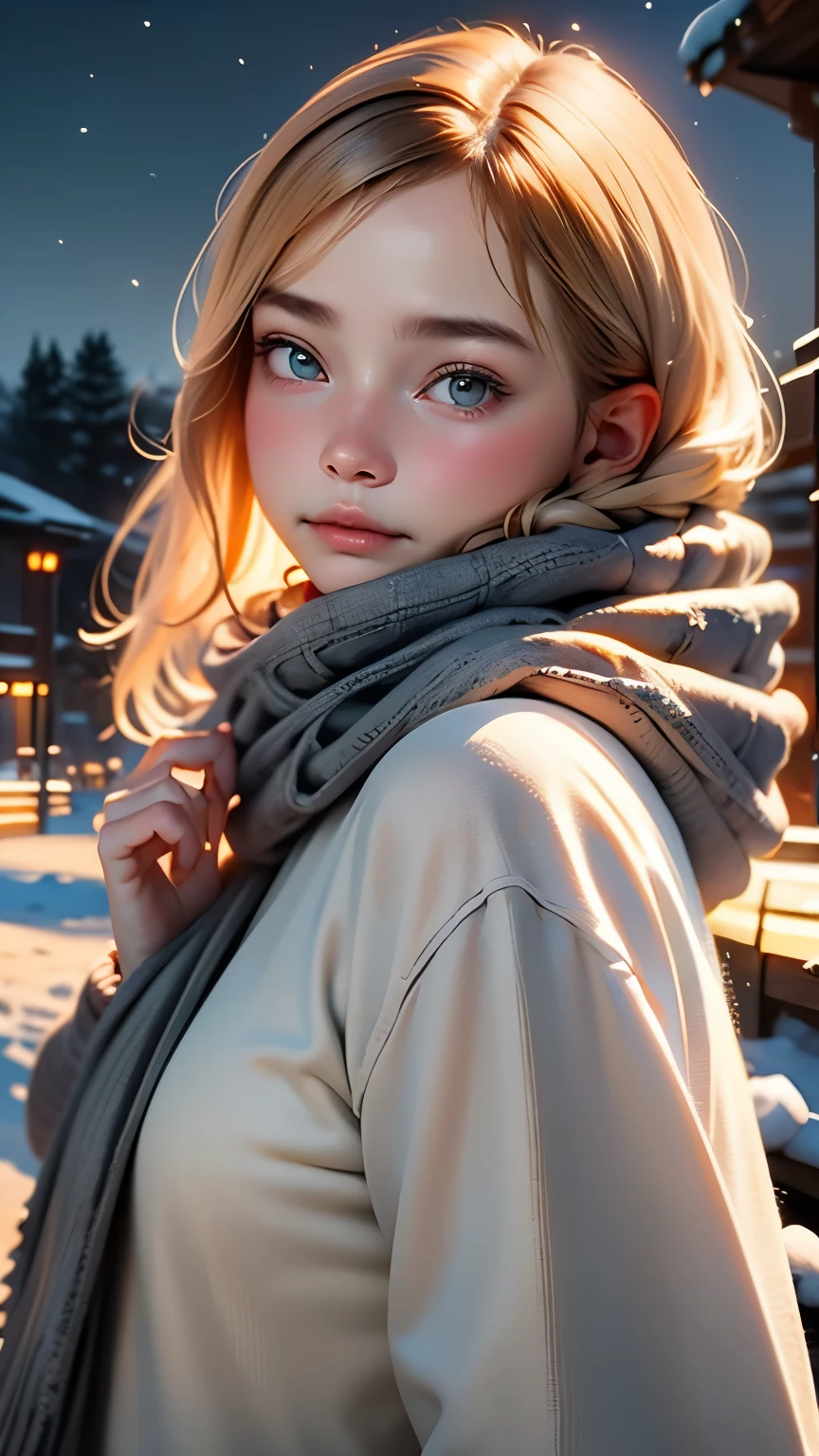 ((No makeup、close your mouth:1.2))、(realistic、Photoreal、super detailed、best detailed skin、highest quality、masterpiece、Super high resolution)、cute russian woman、、high school girl、young girl、1 girl、have bangs、ash blonde:1.7、double eyelid、drooling eyes、Japanese style face、purity、double teeth、realistic肌タイプ、thick muffler、Gray muffler、fluffy hair、((There&#39;s hair in the scarf:1.3))、red cheeks、The wind is blowing、It&#39;s snowing、night、illumination、lighting from behind