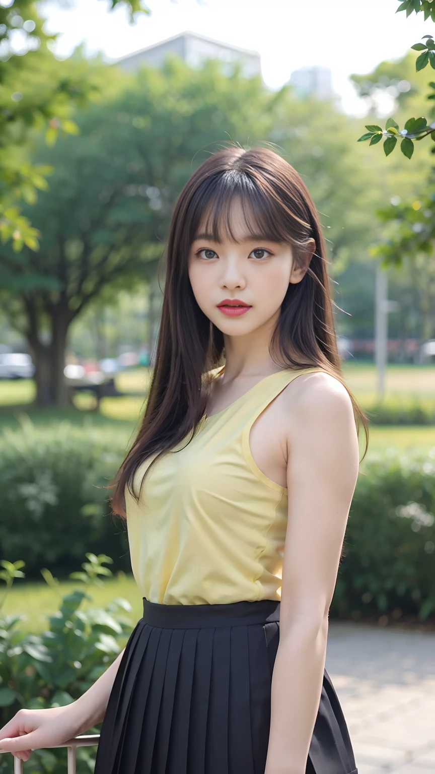 best quality, two hands, two legs, natural lighting, masterpiece, 1 girl, perfect beautiful face, (photo photo:1.3), edge lighting, photography lighting, (high detail skin:1.2), 8k ultra hd, DSLR, high quality, high resolution, white skin, detailed textured skin, 3/4 body in frame, poker face,perfect propotion face, symetric face, eye level shot, 4k, 8k, bokeh, absurd, (realistic:1.3), beautiful detailed girl, cute 1girl, dark brown hair, long hair, bangs, volume hairs, collosal-breast, full looking breast, projecting breast, slim waist, slender, small thighs, perfectly proportion, city background, detailed background, trees, clouds, grass, tjmgv1, yellow spagetti strap tank top, pleated skirt, black skirt, uniform, clothes writing, breast pocket, sexy, modelling pose, flashing armpits, sleeveless, front body view