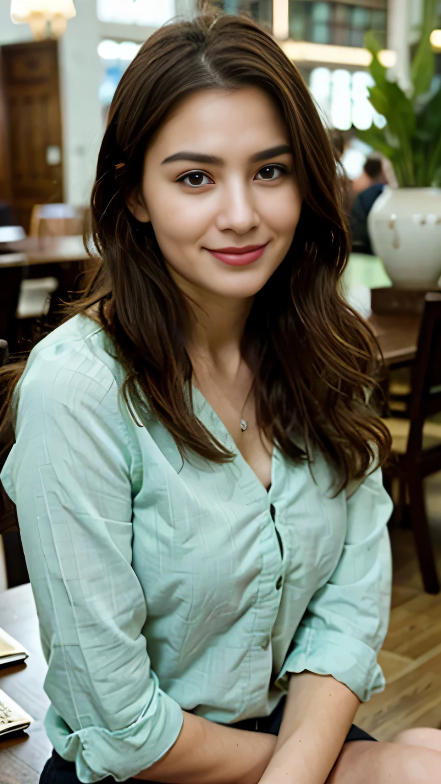 image of a girl in dubai Cute beautiful sexy European light-green-eyed brunette, 22 years old, sitting at a table in an old library, tiny waist, very detailed, innocent face, face-length 1.3 times the face-width, almond-shaped eyes, squared face-shape, high cheekbones, naturally wavy hair, light-green eyes, high-res, masterpiece, best quality, intricate details, very detailed, sharp focus, detailed skin, realistic skin texture, texture, detailed eyes, professional, 4k, charming smile, shot with Canon, light depth of field, Kodak Vision color, perfectly fitting body, extremely detailed, photo_\( ultra\), photorealistic, realistic, post processing, maximum details, roughness, real life, ultrarealistic, photorealism, photography, 8k UHD, photography, masterpiece, focused eyes, full body
