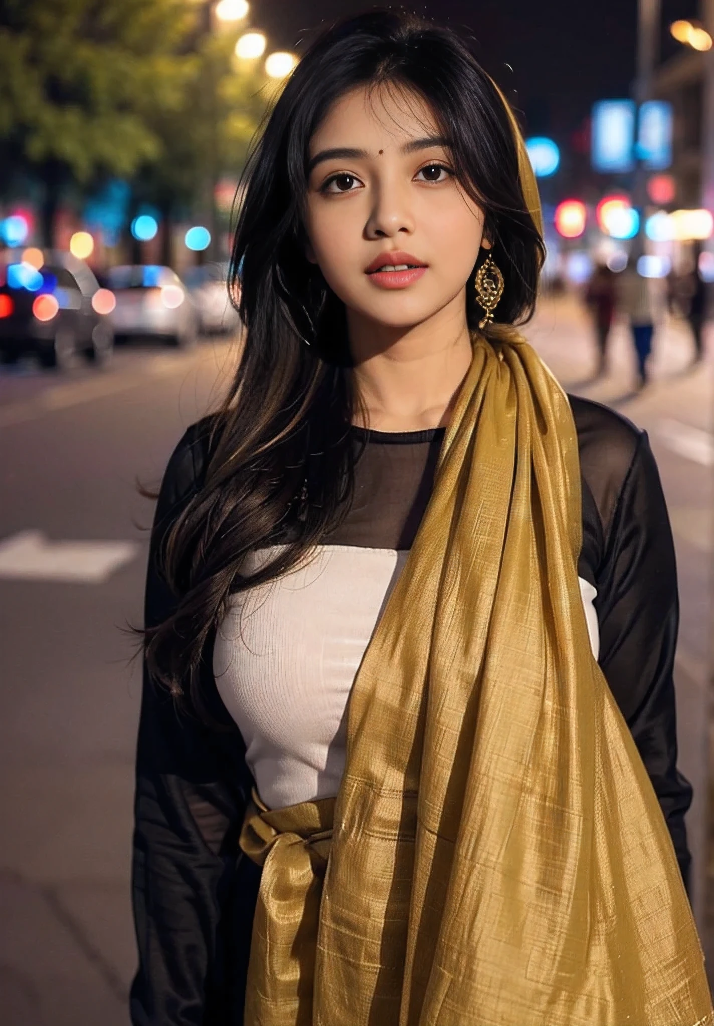 (((desi girl))), chubby face, natural skin, wearing hot deep neck top and dupatta, charming black hair, ((hair ends are blonde)), city streets background, bokeh