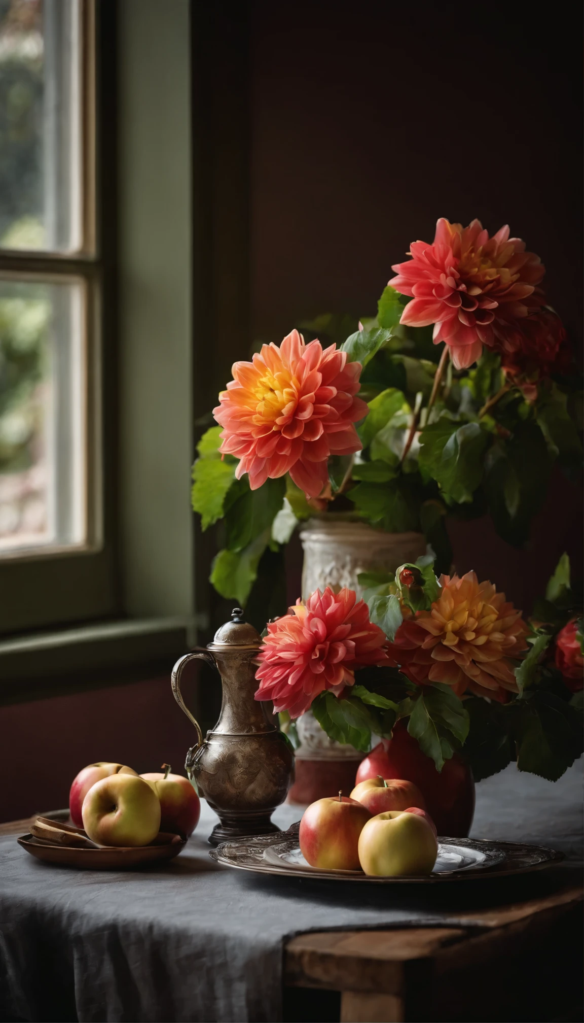 f/2.8, 35mm, UHD, best quality, On the table was a vase,The vase is filled with dahlias,There are a plate of apples on the table, Still life photography, Still Life Photo Gallery, Still life with flowers, dslr photo of a vase on a table, summer morning light, lpoty, rendered in corona, ICIN《Ceramic art》magazine photoshoot
