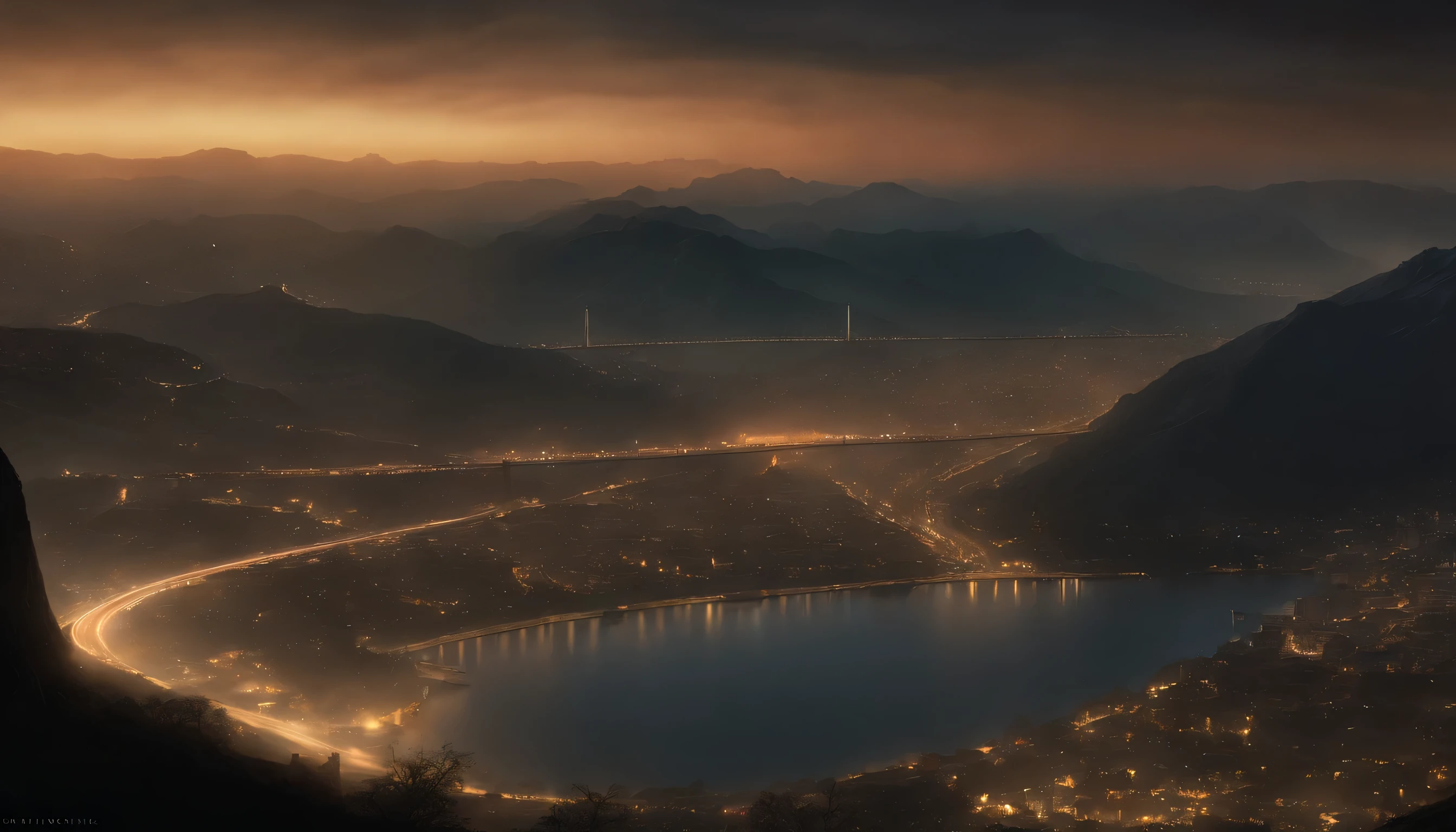 (master part:1.2), detalhes extremamente intrincados, ff14style, dynamic painting, representando uma cidade movimentada com uma ponte majestosa que atravessa rios largos, cercado por cogumelos gigantes imponentes. A vasta paisagem explode com cores vivas