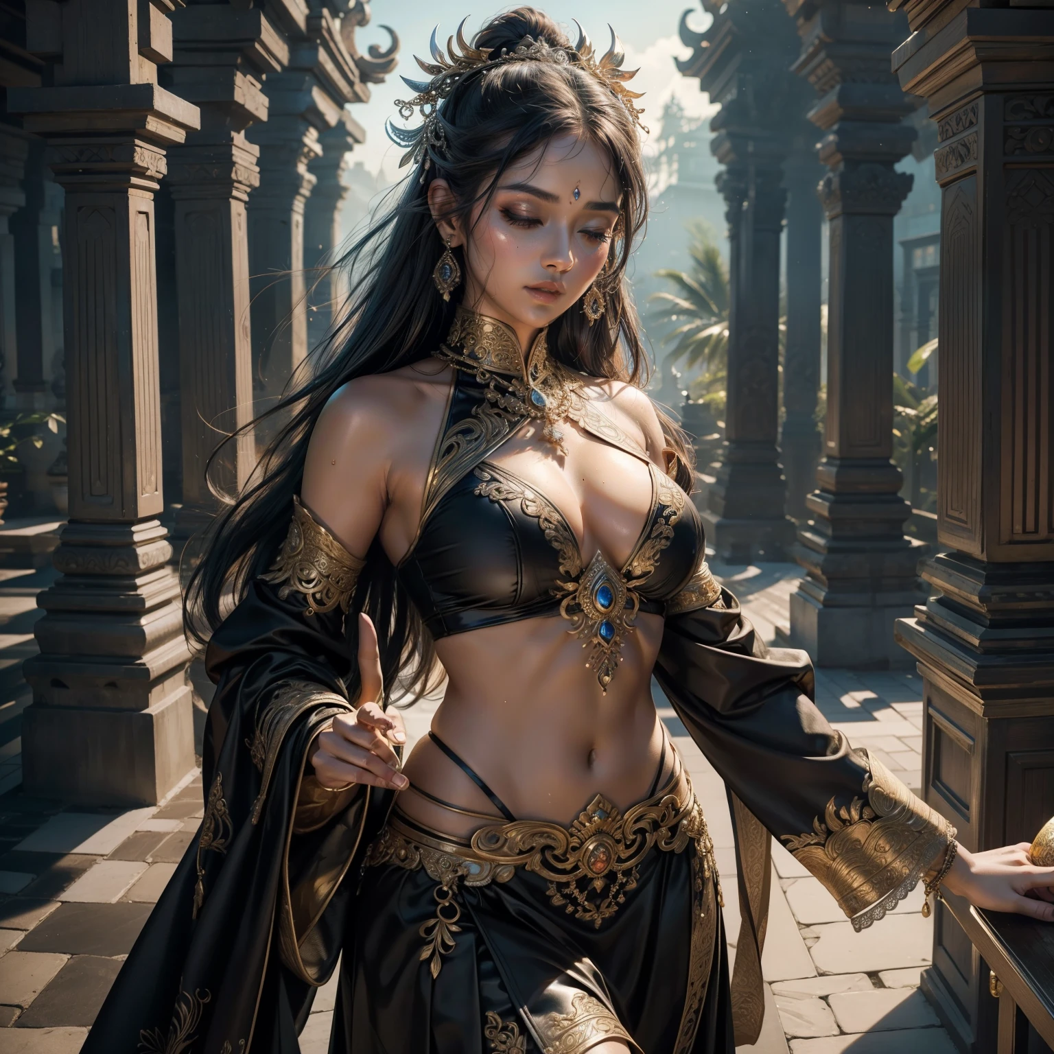 (Top Quality, 32k ultra high definition), Masterpiece of Ultra Realism, Detailed and Intricate, Sharp Focus on Every Line and Wrinkle, Realistic Depiction of Skin Texture: Wet and Shiny, Closed Eyes with Intense Black Pupils that Seem to Suggest Deep Thoughts or Desires, Seductive Pose that Exudes Confidence and Allure, Jewelry that Sparkles with Intricate Designs, Lips that are Full and Moist, Long Sleeves that Reveal the Toned Arms of the Figure, Balinese Inspired Chlotas and Skirt from Bali, Indonesia, Cityscape with