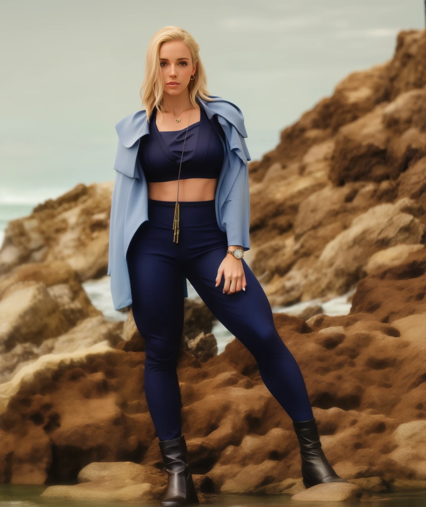 Blonde in a jedi outfit standing on rocks, Modelo de fitness, looks like fabiula nascimento, Caroline Gariba, corpo fitness ifbb, jet black perneiras, perneiras, Blue sky, por Gabriel Ba, Azul Pastel, metallic cyan bodysuit, lorena avarez, perneiras, azul claro, azul claro, Karla Ortiz