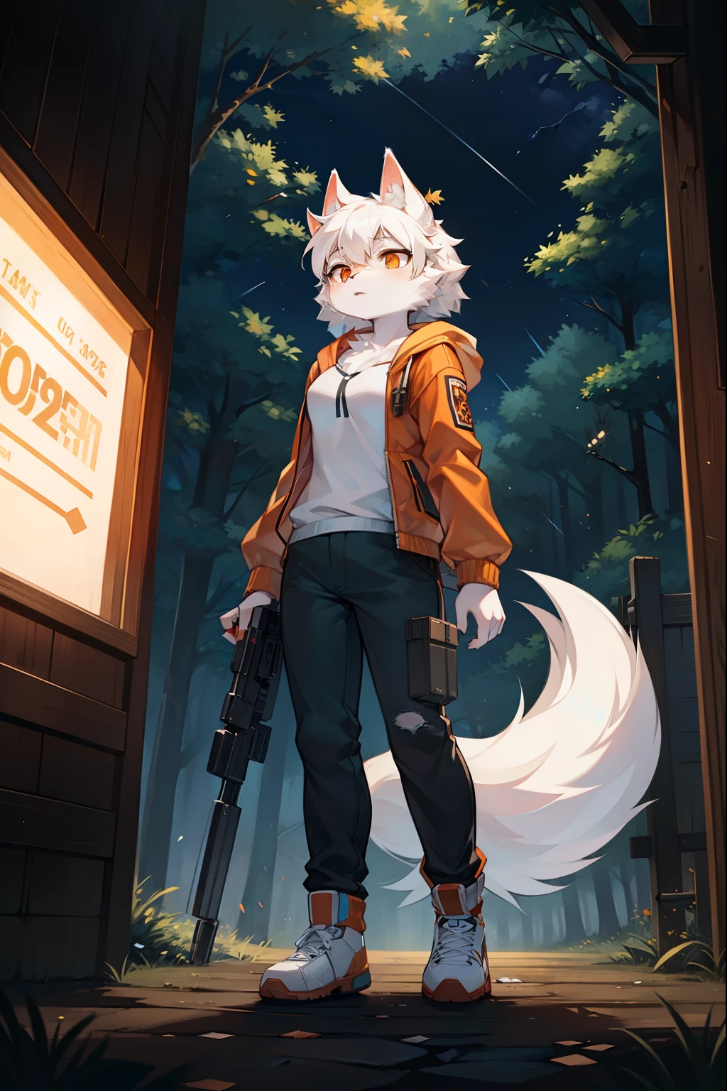 Full body female love,teen wolf,number,masterpiece,Orange down jacket,hairy tail,Highest image quality,8k,Full HD backgrounds,cartoon style,charming,Komono、Pants,male,stuffed toys,hairy,white fur,white body,white ears,orange eyes,the only person, wolf tail, wolf ears, ((broken into pieces)),soft lines,soft lines of clothing,night,The Force Awakens,sniper rifle,Aim and shoot,laser bullet,Thunder and lightning surround the body,forest