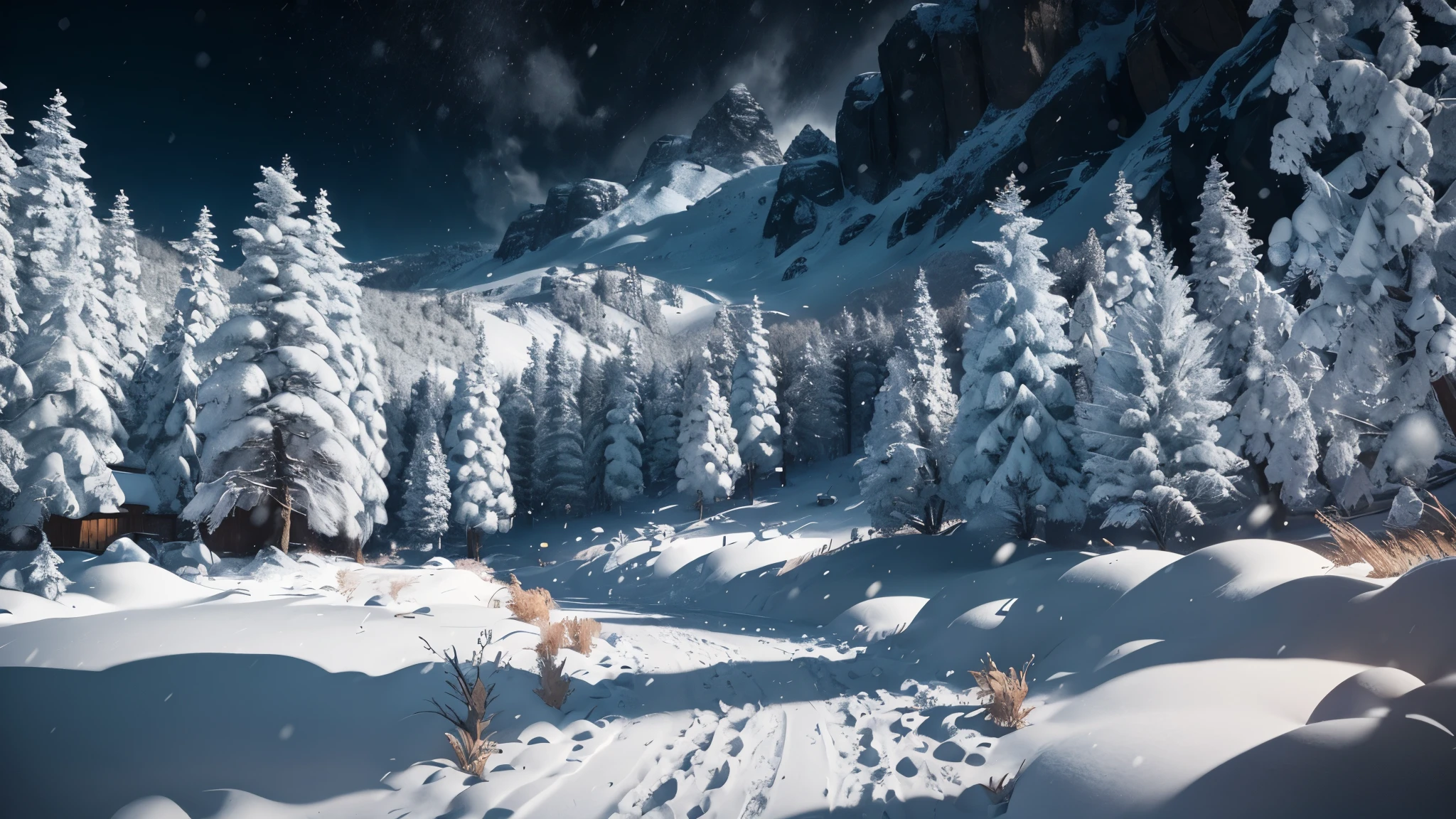 snow landscape，Back shadow，（The girl who left turned her back to the audience:1.1），中景 the scene is，独奏，（cabelos preto e longos），（without a hat），Wear a red cotton coat，Black boots，Go into the distance，Heavy snowfall，Roads to distant places，Trees wither in winter，blanketed in a mantle of snow，Winter tones，somber mood，The vista is a mountain，（Snowflakes drift in the endless sky），8k wallpaper，cinema4d，Cinematic lighting effects，light and shadow effect，Tyndall，rendering by octane，White balance，Unreal 5，Extremely detailed picture，light particules，depth of fields，tmasterpiece，realisticlying