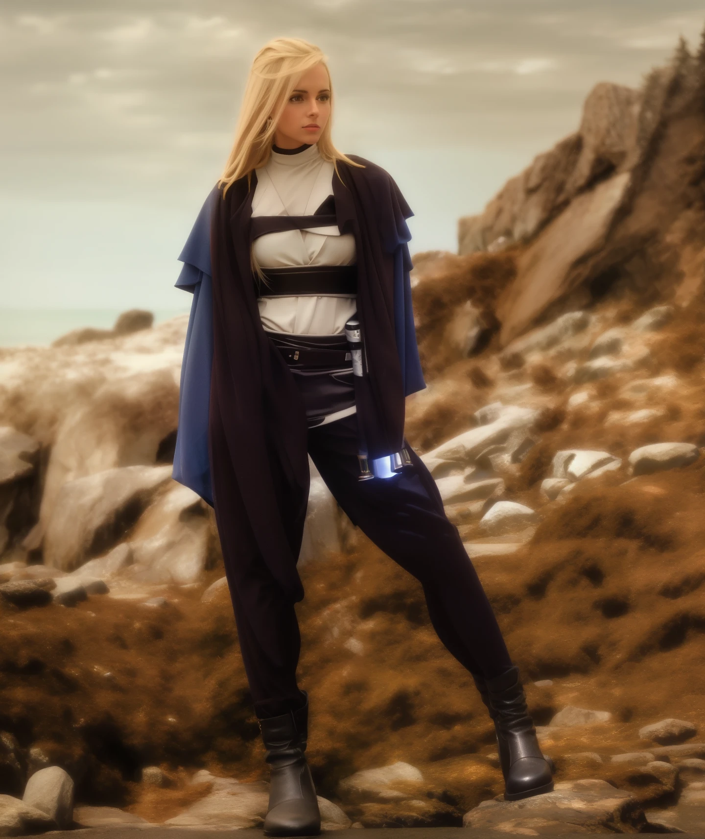 Blonde in a jedi outfit standing on rocks, Modelo de fitness, looks like fabiula nascimento, Caroline Gariba, corpo fitness ifbb, jet black perneiras, perneiras, Blue sky, por Gabriel Ba, Azul Pastel, metallic cyan bodysuit, lorena avarez, perneiras, azul claro, azul claro, Karla Ortiz