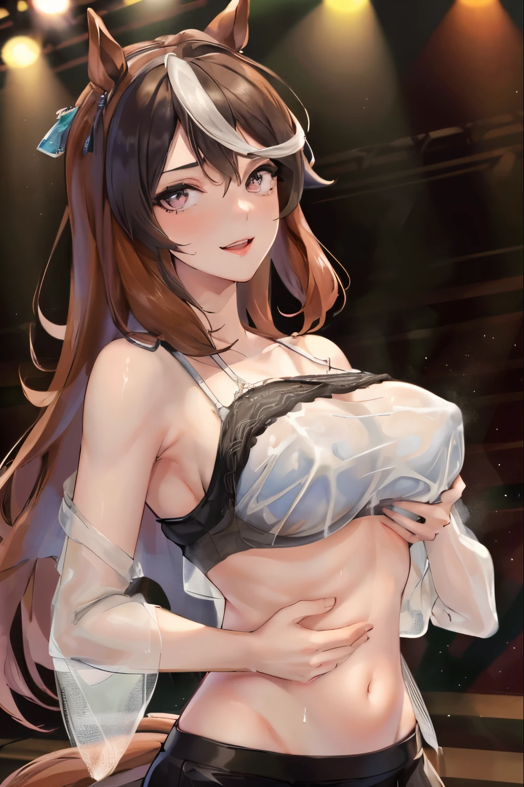 sexy dance show,(breast grab,BreastLift:1.5),symboli rudolf \(umamusume\),good anatomy, masterpiece, best quality,realistic, hyperrealistic, 16k hdr,happy Smile,(Live Stage:1.2),(see through costume,no bra:1.3),Stage costumes,Horse tail,ultra miniskirt,navel,micro panties,(show off breasts:1.2),erected nipples,sweat,large breasts,upper body