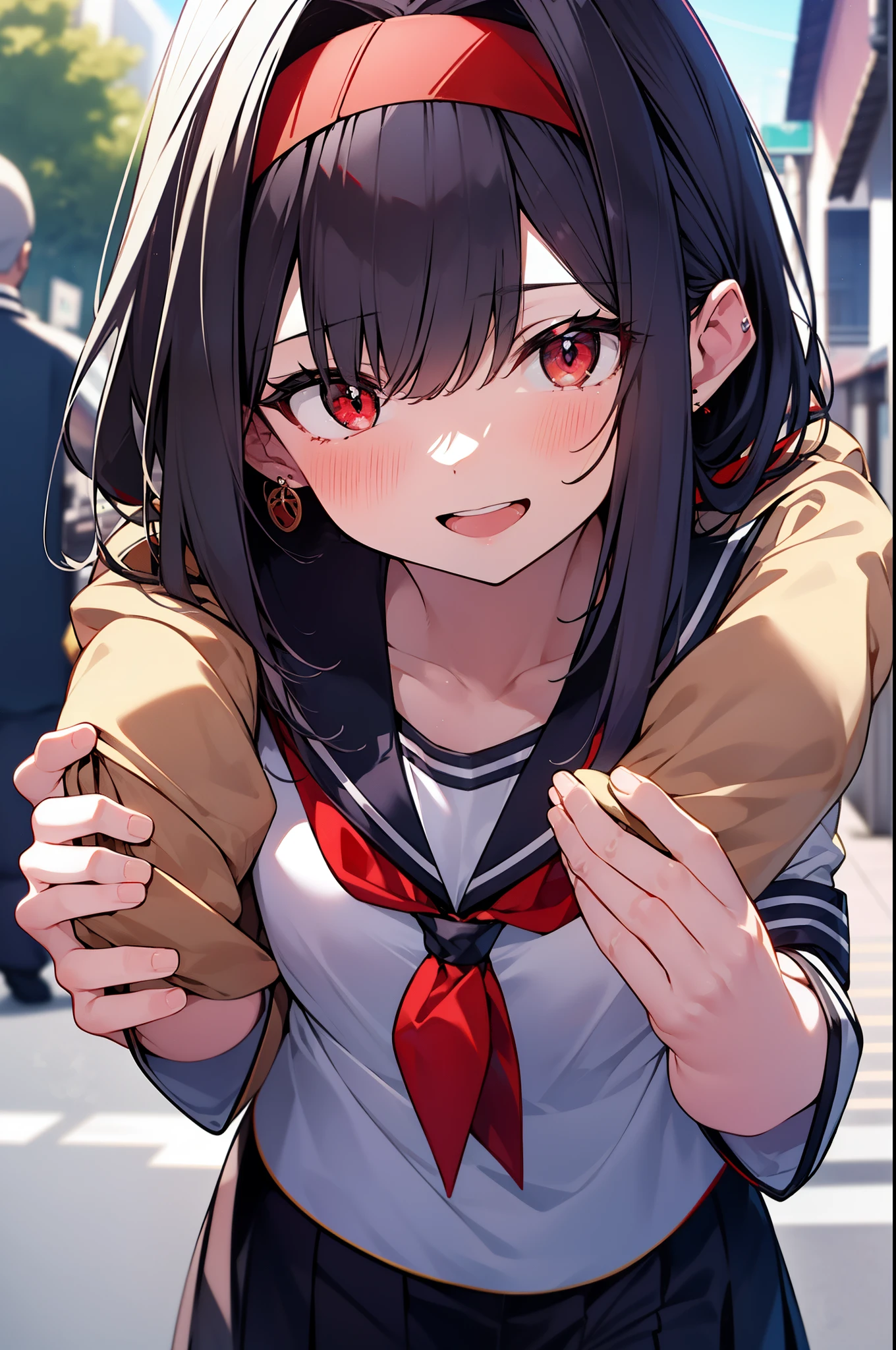 yuukikonno, Yuki Konno, hair band, long hair, pointed ears, purple hair, (red eyes:1.5), (small breasts:1.2),headlock ,open your mouth,blush,smile,japanese high school girl uniform(black sailor suit),black pleated skirt,white pantyhose,brown loafers,Student bag slung over his shoulder,A woman walking around eating crepes wrapped in paper,Girl eating crepe wrapped in paper,On the way home from school,Upper body, whole body,looking down from above,
break outdoors, In town,building street,
break (masterpiece:1.2), highest quality, High resolution, unity 8k wallpaper, (figure:0.8), (detailed and beautiful eyes:1.6), highly detailed face, perfect lighting, Very detailed CG, (perfect hands, perfect anatomy),