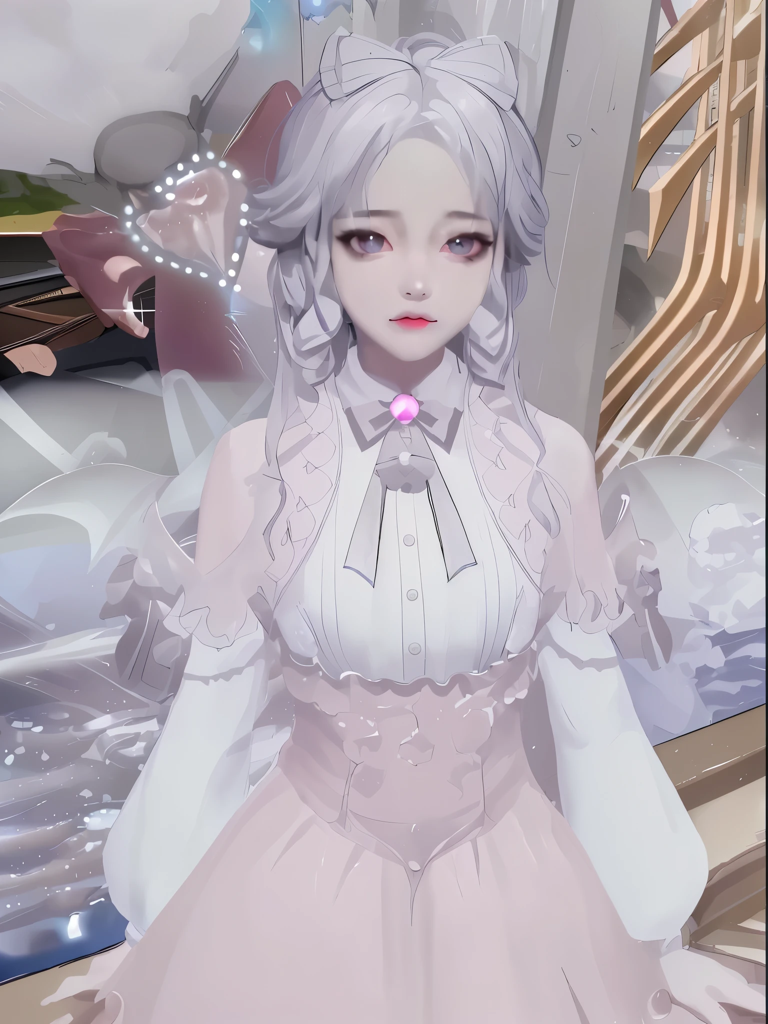 (극도의 디테일 CG Unity 8K 벽지, 걸작, 최상의 품질), (절묘한 조명과 그림자, 매우 극적인 사진, 영화 렌즈 효과), 매우 긴 머리카락, fantasy art, photo realistic, dynamic lighting, artstation, poster, volumetric lighting, very detailed faces, 4 k, 깊은 그림자, longeyelashes, light smile, white hair, glowing eyes, black eyes, makeup, determined, long hair, Verism, anime style, chiaroscuro, cinematic lighting, sparkle, stereogram, projected inset, Cubism, depth of field, UHD, retina, masterpiece, ccurate, anatomically correct, textured skin, super detail, high details, high quality, best quality, highres, 8k, 앞머리