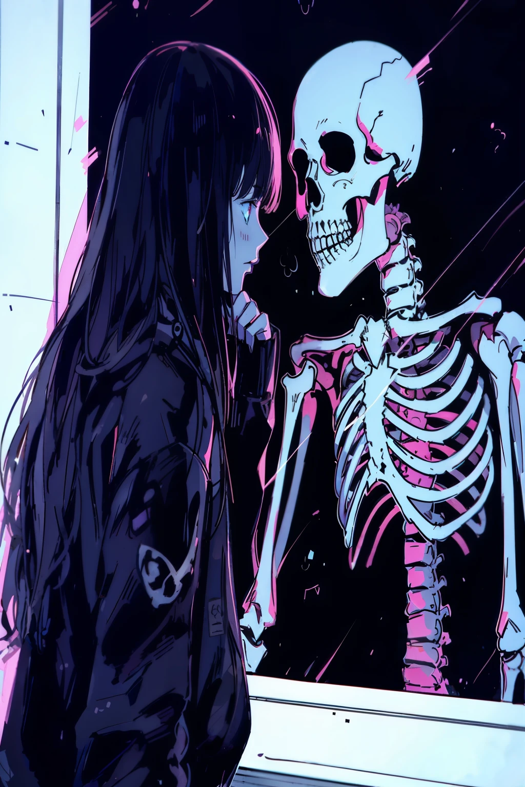 anime girl looking at skeleton in window with pink light, skeleton girl, ( ( ( skeleton ) ) ), ska skeleton and girlfriend, skeleton, jen bartel, by Josan Gonzalez, anime aesthetic, ((skull)), cute skeleton, xray, skelleton, eerie and grim art style, anime skull portrait woman, skeletons, with a skeleton army, anime asthetic