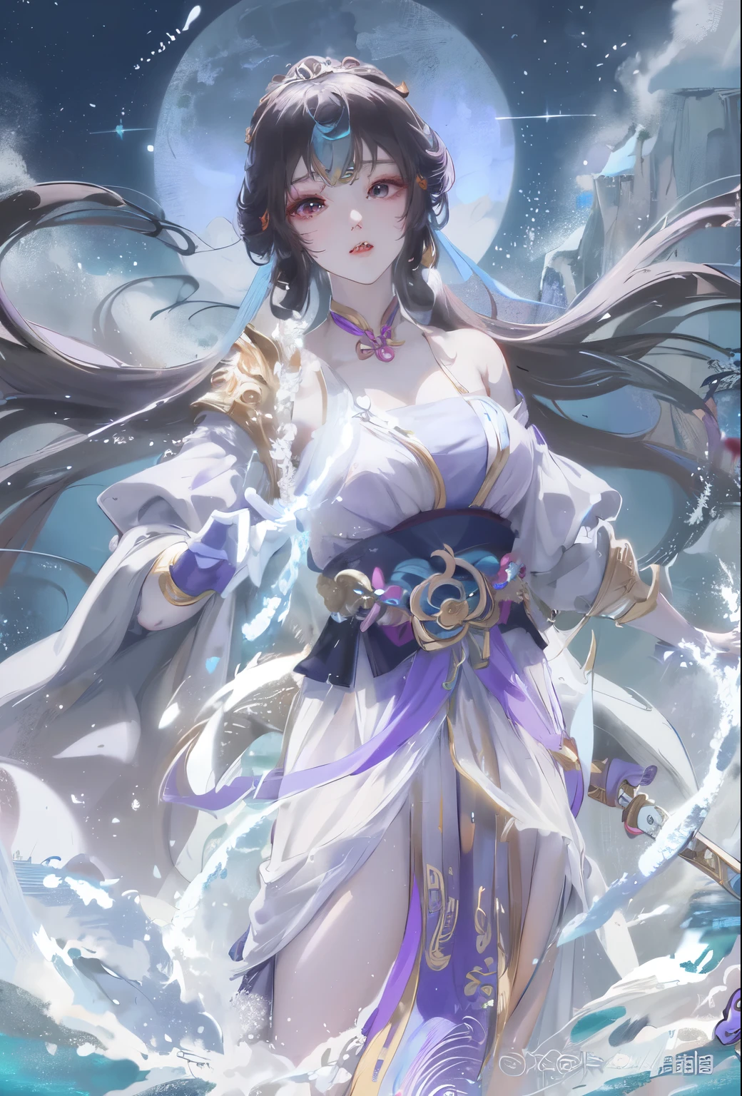 Anime girl with long hair in purple dress holding sword, Beautiful celestial mage, Queen of the Sea Mu Yanling, full body xianxia, beautiful fantasy queen, ((beautiful fantasy queen)), Inspired by Ai Xuan, inspired by trees, Inspired by Lan Ying, beautiful youth spirit, Inspired by Qiu Ying