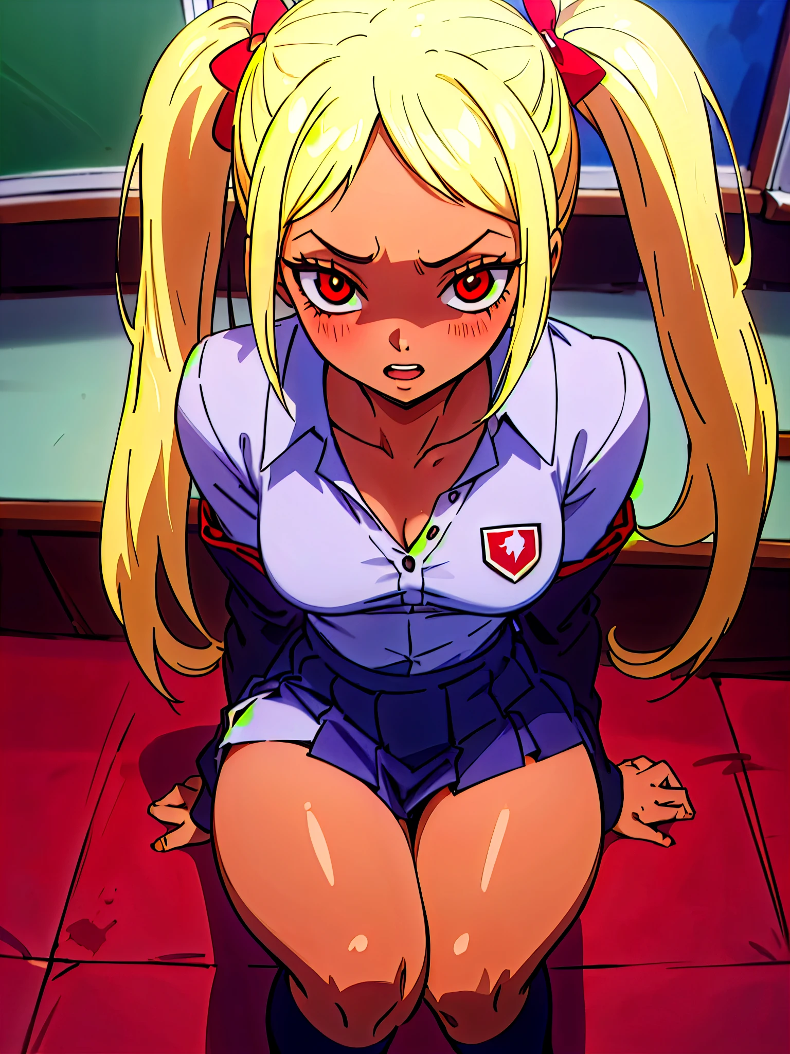 (masterpiece:1.2, best quality), 1lady, solo, school uniform, classroom, day, sit, blonde, twintails, red eyes, open collabone, darkskin, (open breasts:1.1), bloodstained shirt, scared