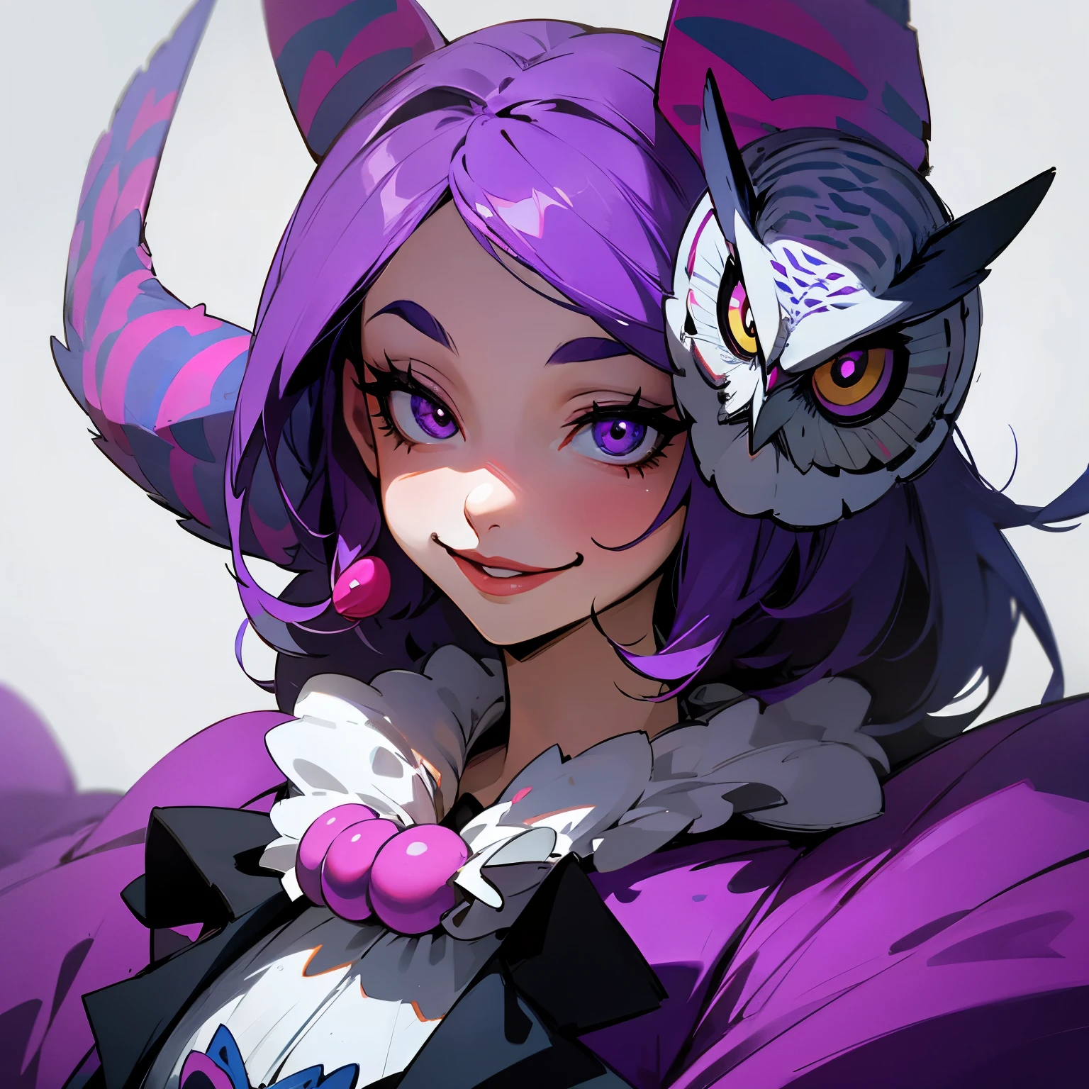 Purple clown with owl mask