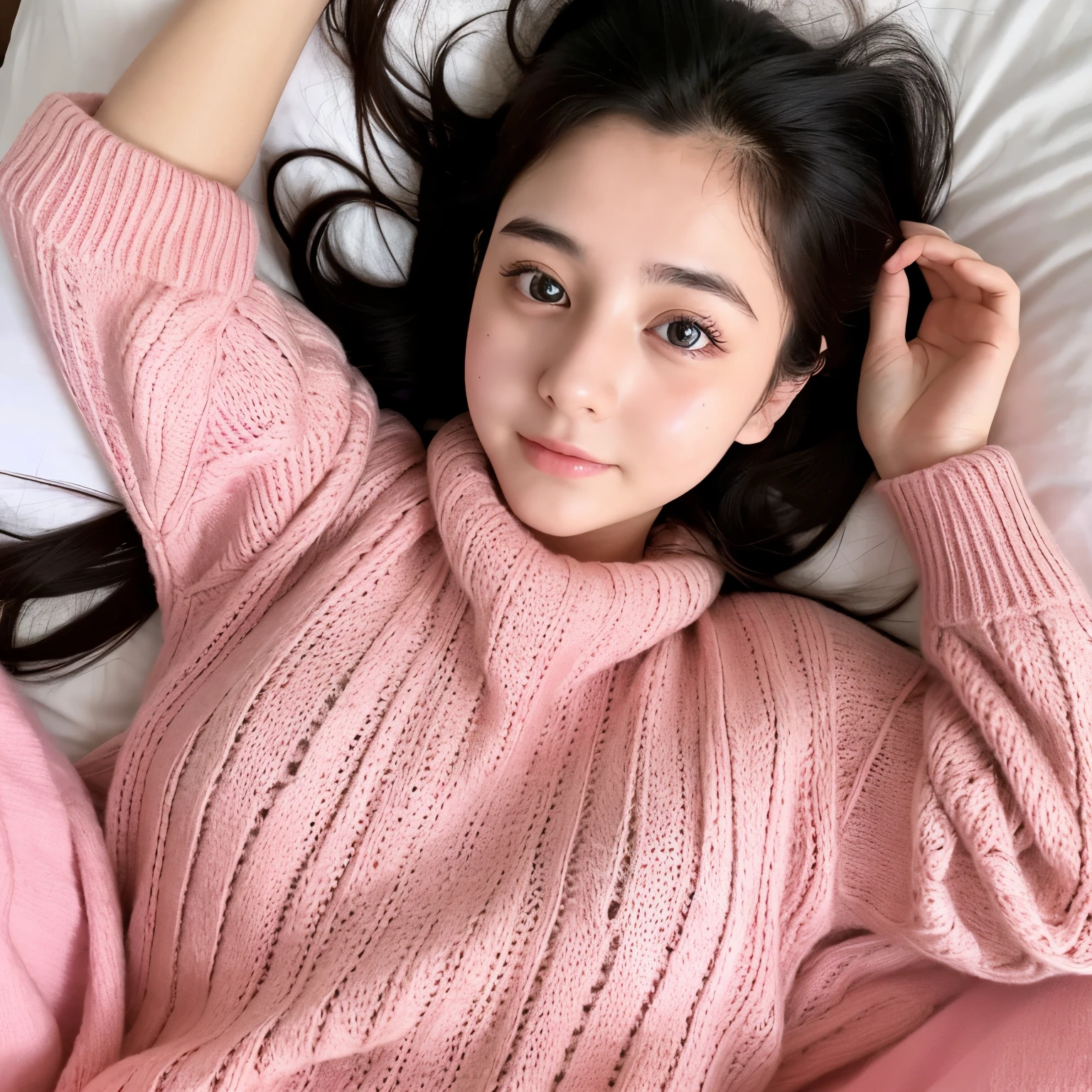 high resolution、18 year old girl、alone、above the neck、front、long black hair、fair skin、big eyes、lying in bed and relaxing、Her outfit is a large pale pink sweater.