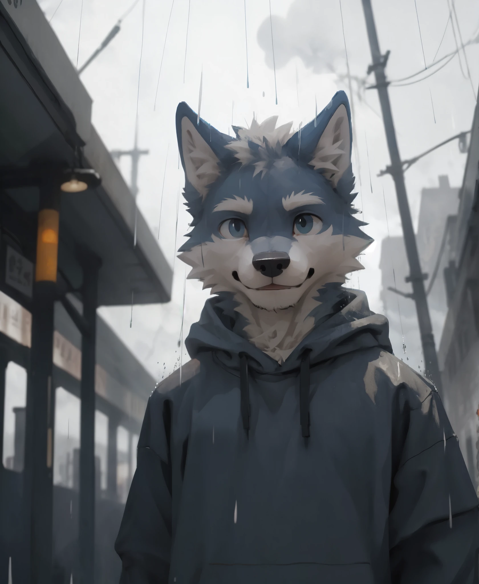 masterpiece, best quality, perfect anatomy,nj5furry,kemono,
solo,male,anthro,wolf,baggy clothing, gentle, 
bright eyes, detailed eyes, looking at viewer, 
train station, waterdrop, grey sky, raining, fog,