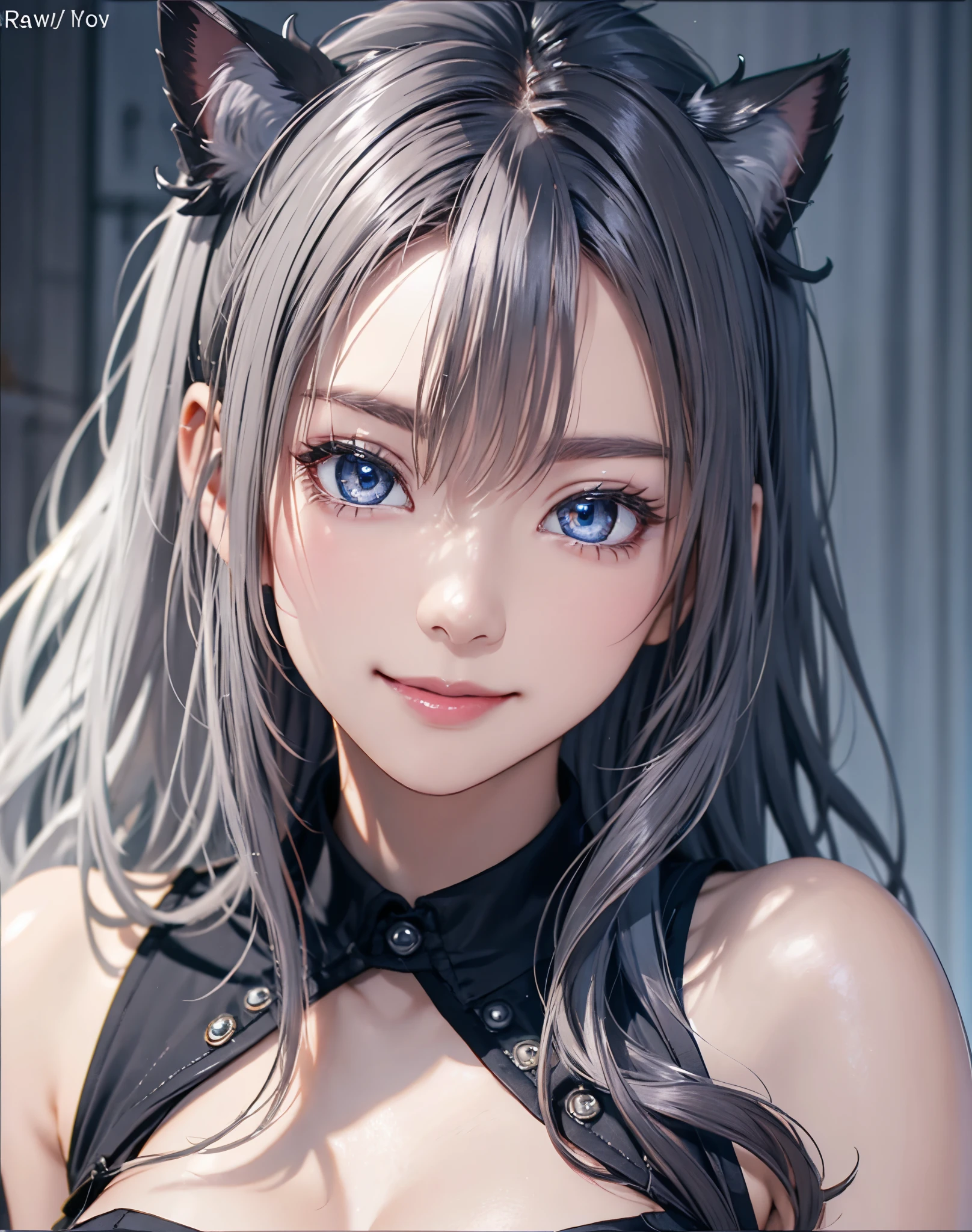 top-quality、the whole body, 8K Masterpiece、超A high resolution、(Photorealsitic:1.3)、Raw photo、女の子1人、silver white hair、a cute black cat on her right shoulder, glowy skin、((super realistic details))、portlate、globalillumination、Shadow、in 8K、ultrasharp、beauty breast、highly intricate detail、Realistic light、Beautiful eyes、radiant eyes、stares at the camera、Cute smile,