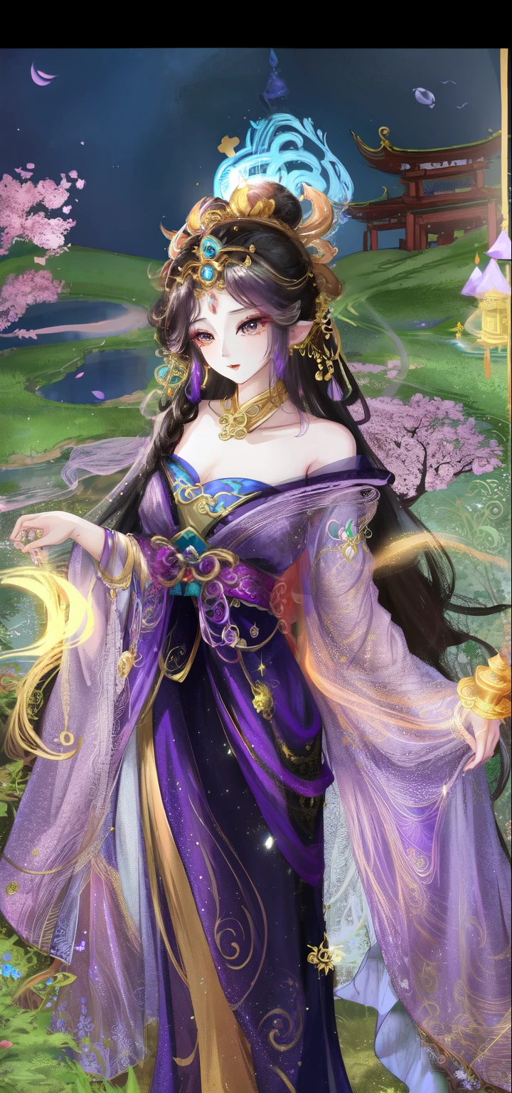 Arafad woman wearing purple dress and golden crown, beautiful fantasy queen, ((beautiful fantasy queen)), full body xianxia, flowing magic robe, Beautiful celestial mage, Dreamy intricate long gown, inspired by trees, Inspired by Lan Ying, ethereal essence, Inspired by Shen Si Zheng, Gilded Lotus Princess, Inspired by Ren Yanfa