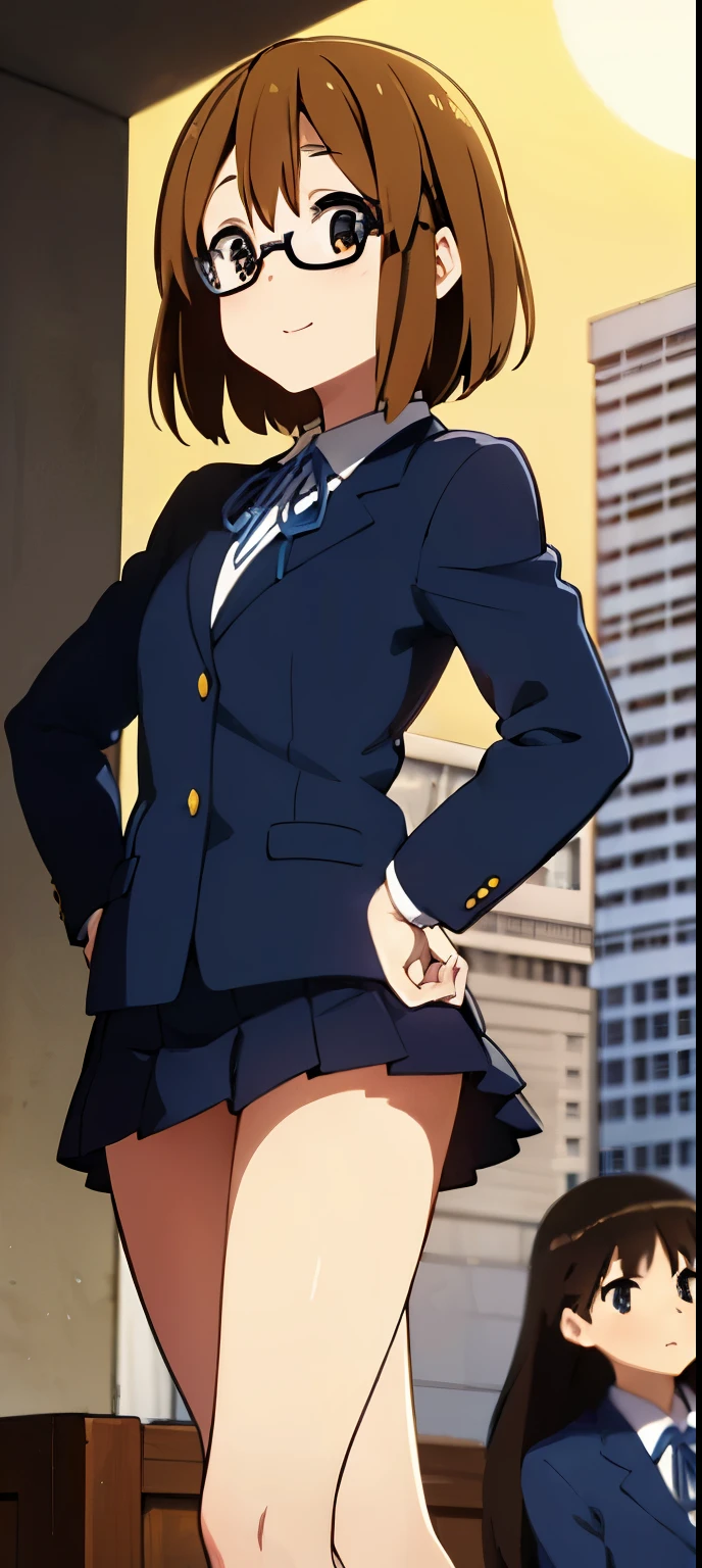 1girl, (((​masterpiece))), top-quality, top-quality, High Details, Hirasawa Yui, 1girl, Sakuragaoka High School Uniform, student clothes, two yellow hairpin, short hair, A brown-haired, brown-eyed, glasses, 独奏, reddish, Dark blue blazer with thin blue ribbon, Solid white buttoned shirt under blazer, read a book, illustratio, comic strip, soothing tones, Subdued Color, Soft cinematic light, adobe lightroom, photolab, HDR, intricately and hyper-detailed、(((depth of fields))))。(((​masterpiece)))。(((top-quality))).)((ultra-detailliert)))。(((illustratio)))。(((takeout))).dynamic focus.big breasts.(((Skyscrapers))).(((A city scape))).(((Face of happiness))). Smile mouth.(((put hands on the hip))).(((up chest))).((afternoon glow)).((the setting sun)).