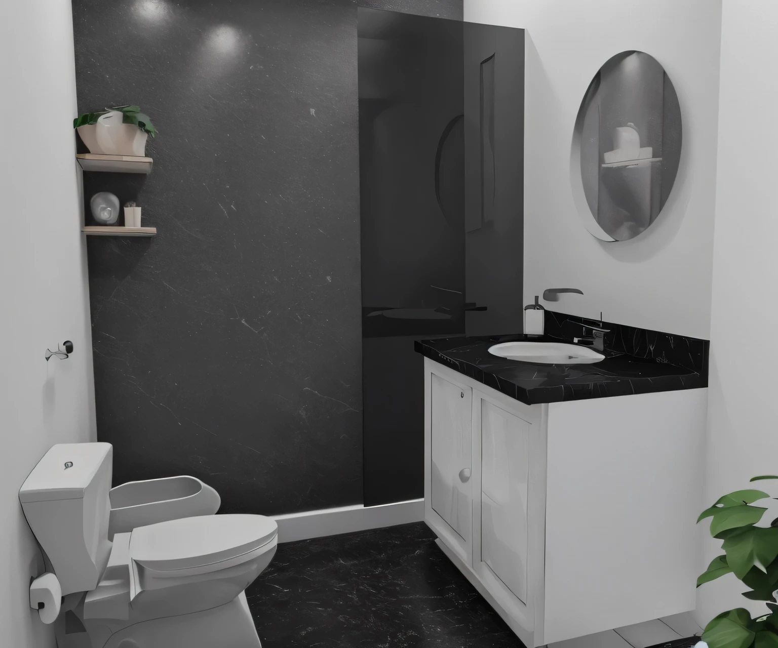 (Mejor calidad,4k,8K,high resolution,Obra maestra:1.2),ultra detallado,(Realista,photoRealista,photo-Realista:1.37),interior photo of a bathroom,paredes blancas,una pared decorativa negra,vidrio en color negro,indoor plants as decoration,black marble floor,Modern design,Spacious design,plantas verdes vibrantes,Reflejos en el cristal,ambient lighting,Contemporary aesthetics.