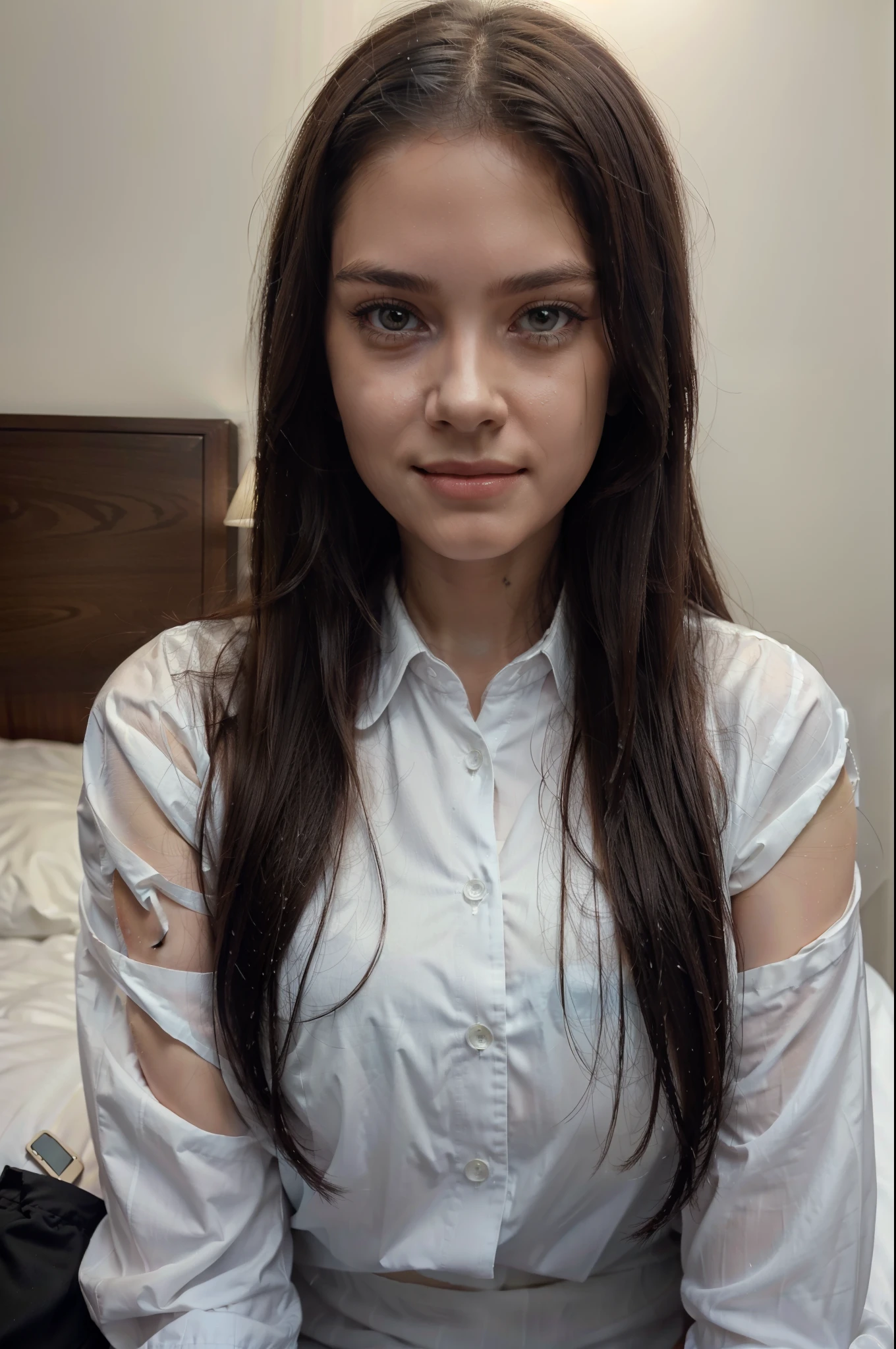 (8k, best quality, masterpiece)1.2, (realistic, photo-realistic)1.4, ultra-detailed, 1 girl,cute, solo,beautiful detailed sky,detailed on bed,night,sitting,dating,(nose blush)+,(smile)1.2,(closed mouth)+ small breasts,beautiful detailed eyes,1.1, night, wet, bowtie,business attire, rain,bule shirt, (long hair)1.2,floating hair NovaFrogStyle, cyber, future