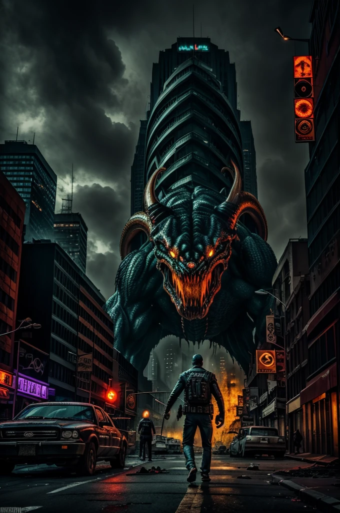 Inhumanoids TV show, Tendril portrayed as a menacing monster in the streets of New York, (best quality,4k,8k,highres,masterpiece:1.2), ultra-detailed, realistic:1.37, horror, dark atmosphere, ominous shadows, destroyed buildings, terrified crowds, glowing yellow eyes, sharp teeth, slimy tentacles, towering presence, monstrous roars, city chaos, vivid colors, urban decay, dramatic lighting, intense action.