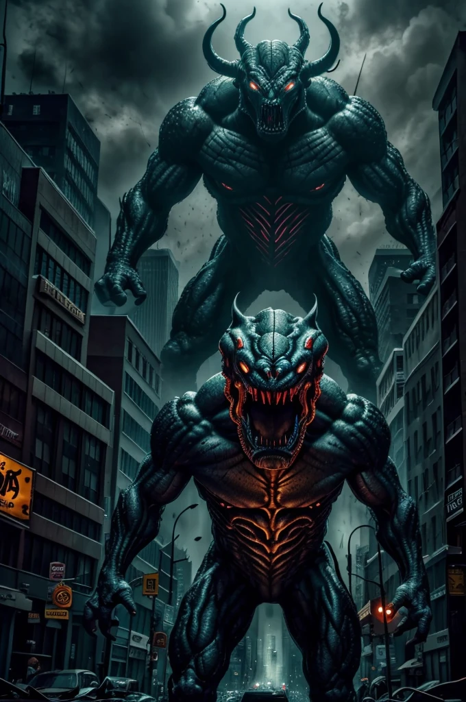 Inhumanoids TV show, Tendril portrayed as a menacing monster in the streets of New York, (best quality,4k,8k,highres,masterpiece:1.2), ultra-detailed, realistic:1.37, horror, dark atmosphere, ominous shadows, destroyed buildings, terrified crowds, glowing yellow eyes, sharp teeth, slimy tentacles, towering presence, monstrous roars, city chaos, vivid colors, urban decay, dramatic lighting, intense action.
