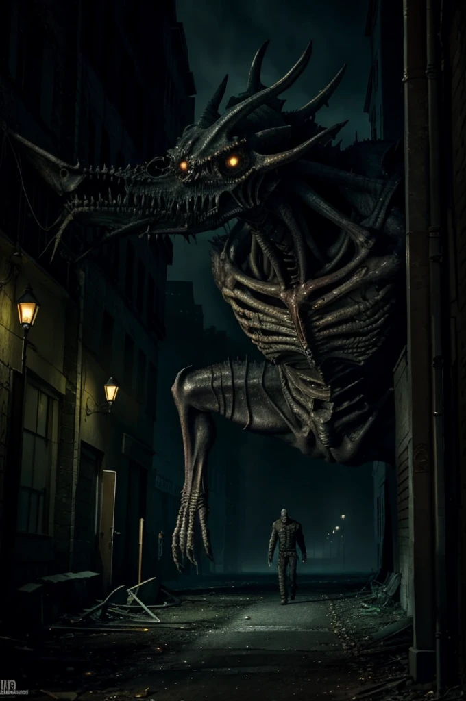 Inhumanoids TV show, Tendril portrayed as a menacing monster in the streets of New York, (best quality,4k,8k,highres,masterpiece:1.2), ultra-detailed, realistic:1.37, horror, dark atmosphere, ominous shadows, destroyed buildings, terrified crowds, glowing yellow eyes, sharp teeth, slimy tentacles, towering presence, monstrous roars, city chaos, vivid colors, urban decay, dramatic lighting, intense action.