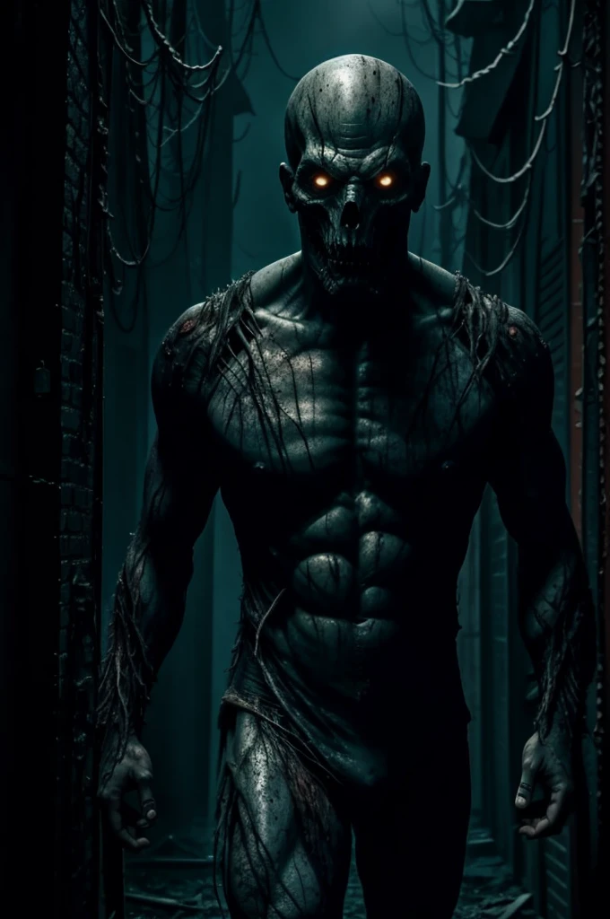 inhumanoids, D'Compose, menacing monster, New York, realistic, masterpiece, horror, detailed textures, dark atmosphere, ominous shadows, abandoned buildings, eerie lighting, foggy streets, twisted limbs, decaying flesh, haunting presence, bone-chilling expression, nightmarish creatures, intense emotions, chilling soundtrack, cinematic composition, gloomy color palette