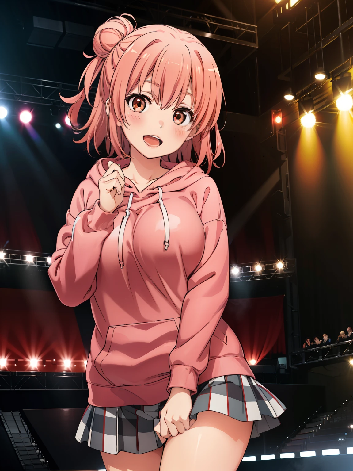 Yuigahama Yui, short hair, brown eyes, Pink hair, single bun hair,
looking at viewer,
(masterpiece), highest quality, High resolution, unity 8k wallpaper, (beautiful and fine eyes), highly detailed face, perfect lighting, Very detailed CG, (perfect anatomy),
(blush), smile,
huge breasts,
Stage Events,
(red hoodie), checked skirt,
open mouth,