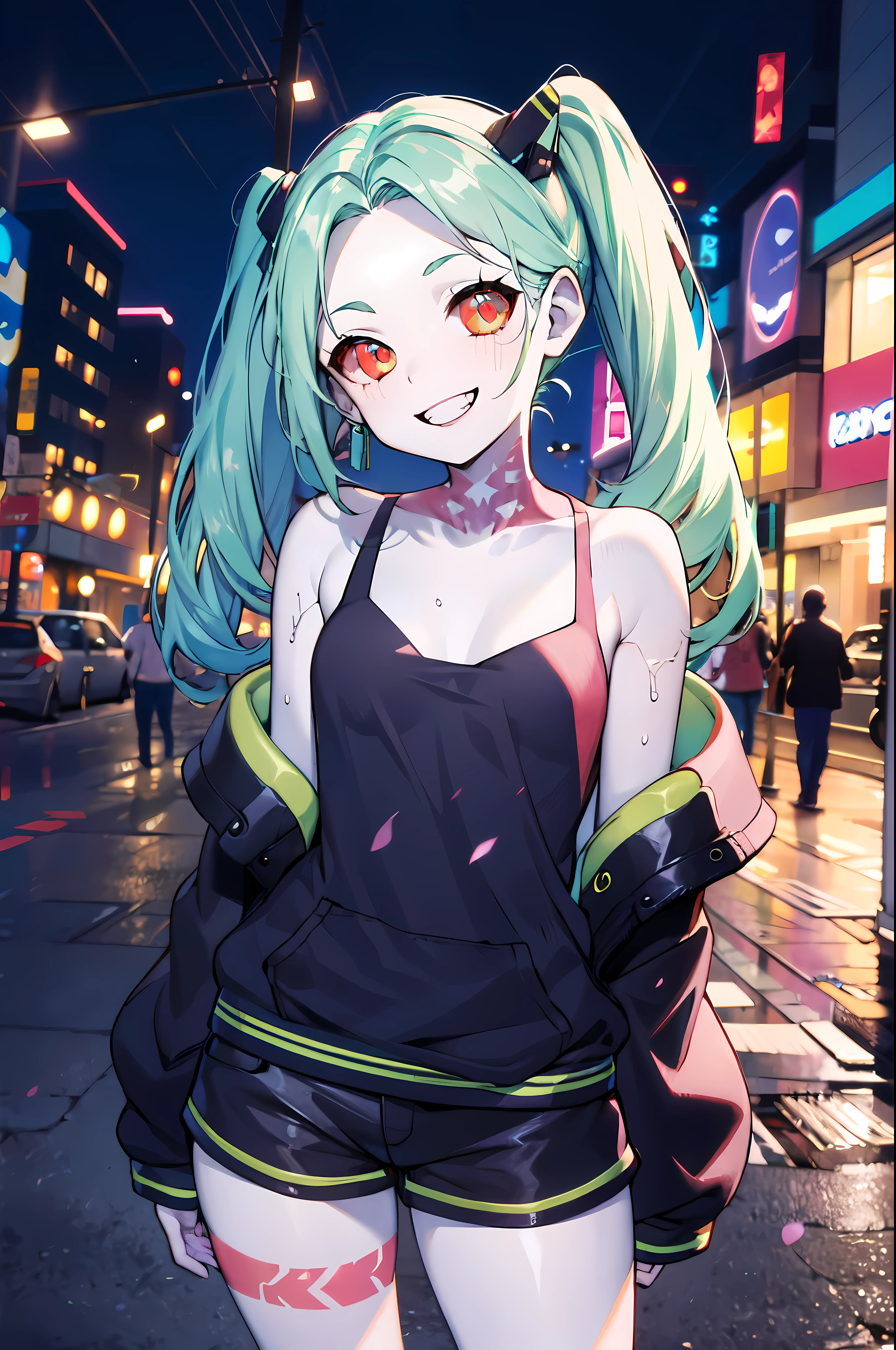 detailed, (masterpiece:1.2), (solo:1.2), (female), slender, outdoors, headtilt, long hair, bare_shoulder, (camisole), twintails, green hair, red eyes, night, shorts, collarbone, night city, smiling, grinning