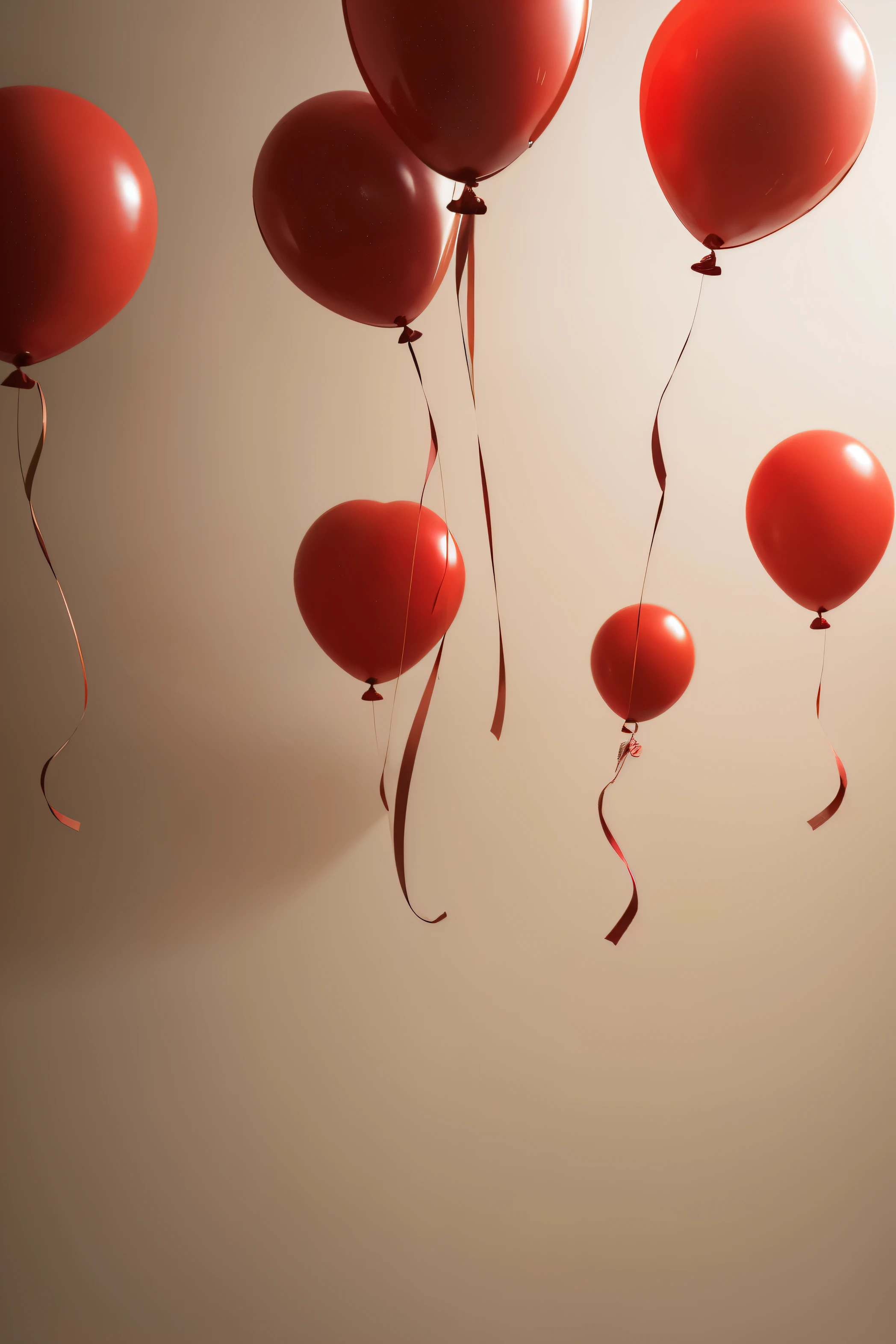 （Red balloon in upper center of composition on beige background） Shot with Canon EOS R5 （Indoor photo of unusual number of red balloons on beige background） （Smaller characters, smaller balloon, smaller dots, more, and distributed in an orderly manner） （flat lighting）