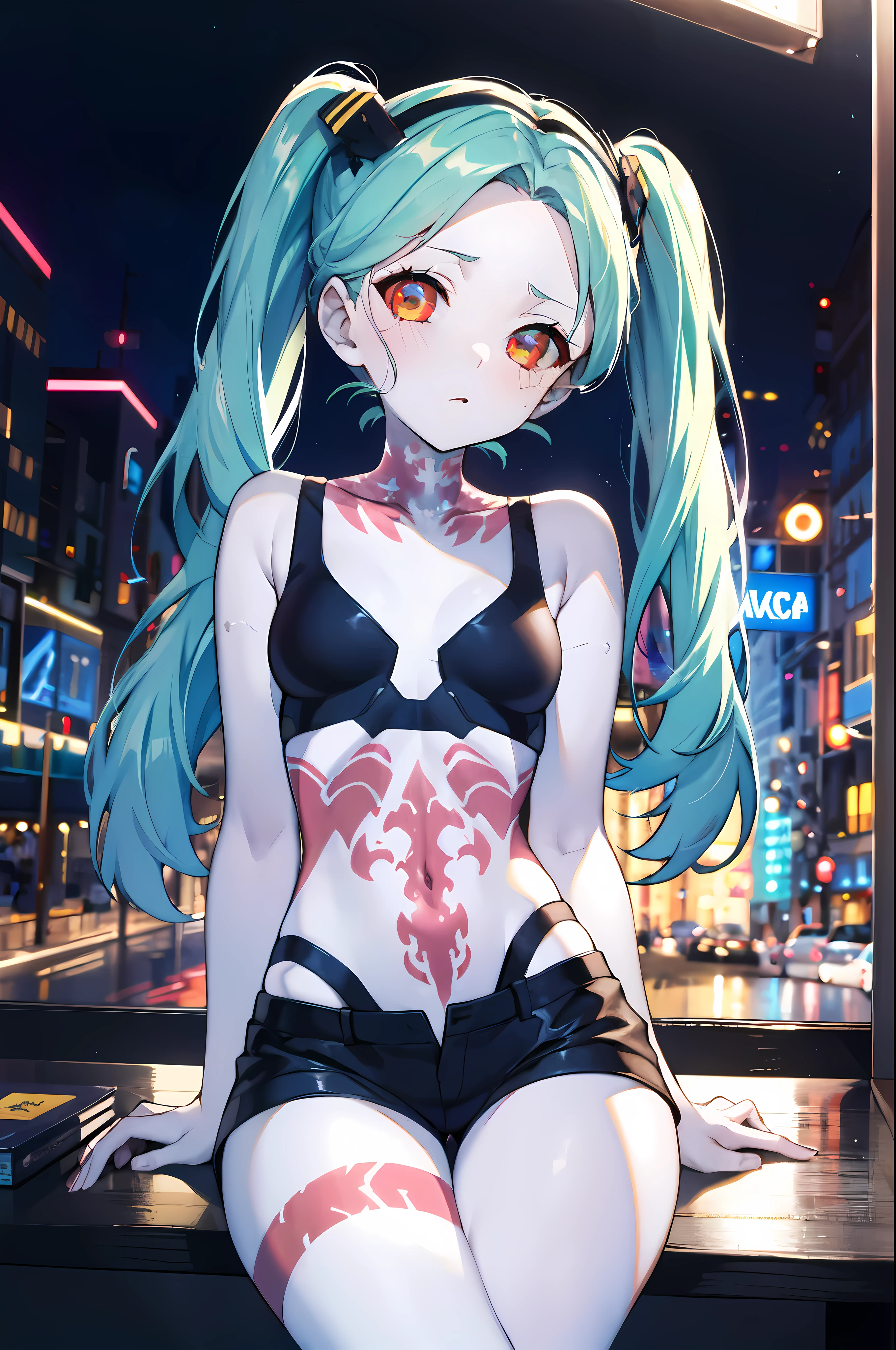 detailed, (masterpiece:1.2), (solo:1.2), (female), slender, outdoors, headtilt, long hair, bare_shoulder, (camisole), twintails, green hair, red eyes, night, shorts, collarbone, night city