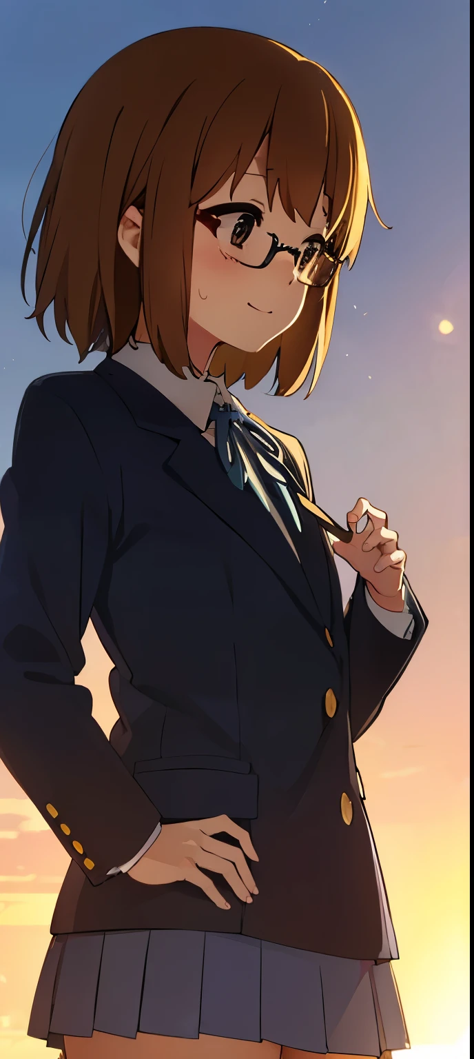 1girl, (((​masterpiece))), top-quality, top-quality, High Details, Hirasawa Yui, 1girl, Sakuragaoka High School Uniform, student clothes, two yellow hairpin, short hair, A brown-haired, brown-eyed, glasses, 独奏, reddish, Dark blue blazer with thin blue ribbon, Solid white buttoned shirt under blazer, read a book, illustratio, comic strip, soothing tones, Subdued Color, Soft cinematic light, adobe lightroom, photolab, HDR, intricately and hyper-detailed、(((depth of fields))))。(((​masterpiece)))。(((top-quality))).)((ultra-detailliert)))。(((illustratio)))。(((takeout))).dynamic focus.big breasts.(((Skyscrapers))).(((A city scape))).(((Face of happiness))). Smile mouth.(((put hands on the hip))).(((up chest))).((afternoon glow)).((the setting sun)).