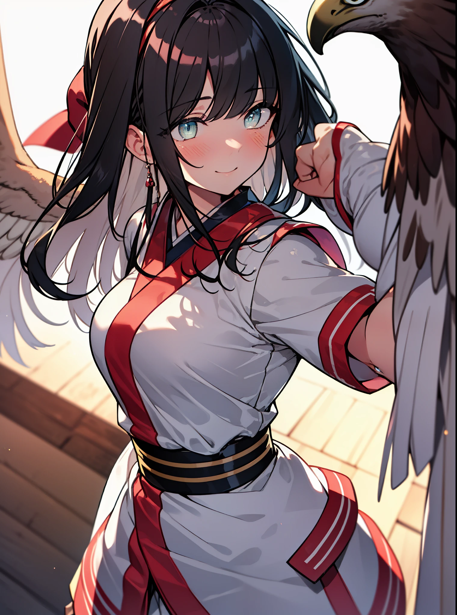 8k,highest quality,masterpiece,1 girl, alone, stagnation, red bow, bow, long hair, hair bow, alone, hair band, black hair,  sash, bangs, red hair band, chest, brown ruby eyes, smile,blush,Japanese high school girl uniform(black sailor suit),小さなchest,pink cardigan,pleated skirt,(Smooth pointing flies towards the eagle：1.3），bird view ,School　Back of school building,peek from below,(masterpiece:1.2), highest quality, High resolution, unity 8k wallpaper, (shape:0.8), (beautiful and detailed eyes:1.6), highly detailed face, perfect lighting, Very detailed CG, (perfect hands, perfect anatomy),